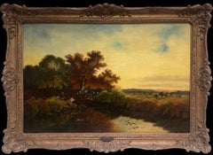 Fine Large Victorian Signed Oil Painting Anglers Romantic River Sunset Landscape