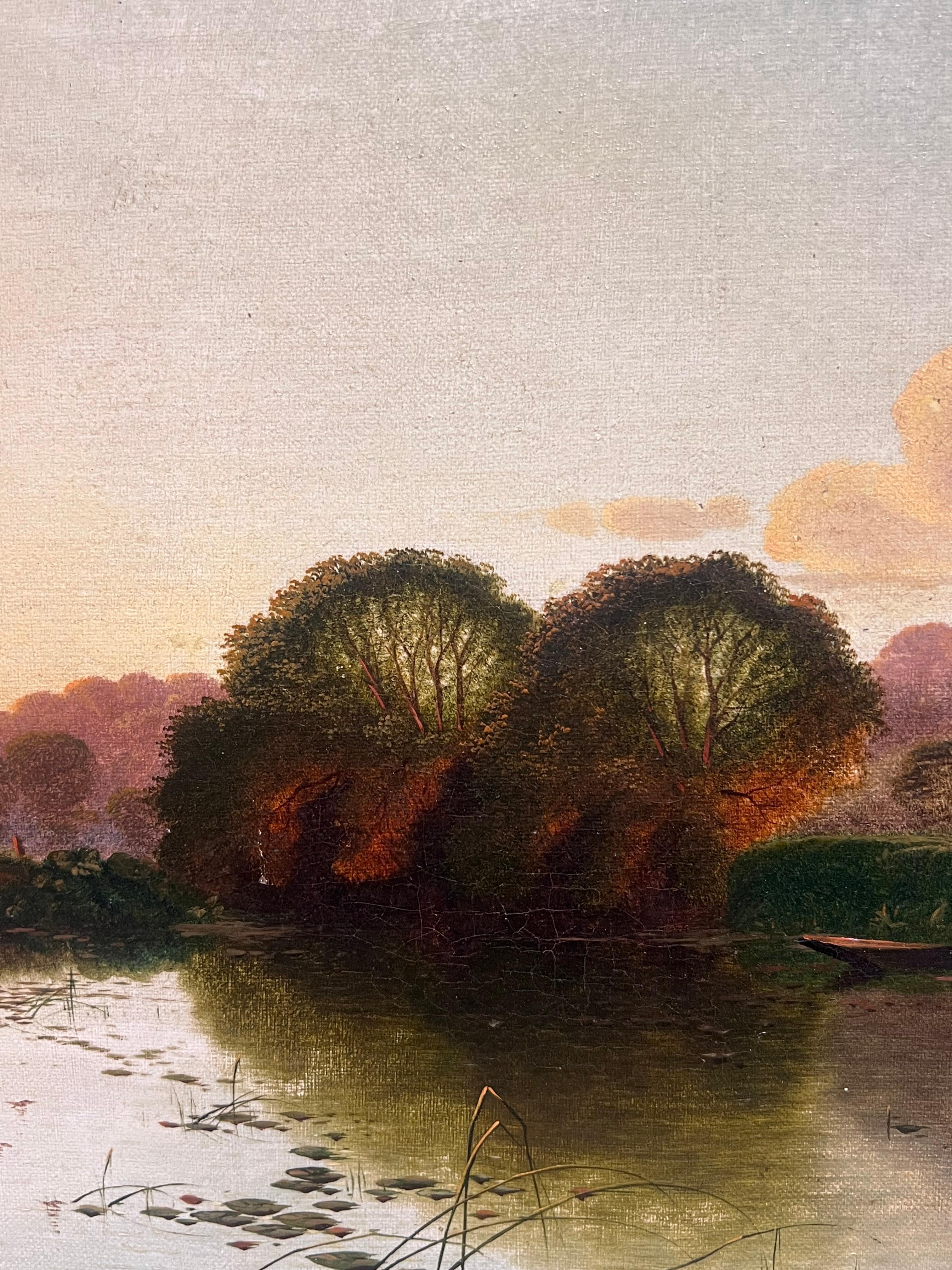 Feine viktorianische signiert Ölgemälde Sonnenuntergang Dämmerung über dem Fluss mit Anglern – Painting von Edwin Henry Boddington (1836–1905) 
