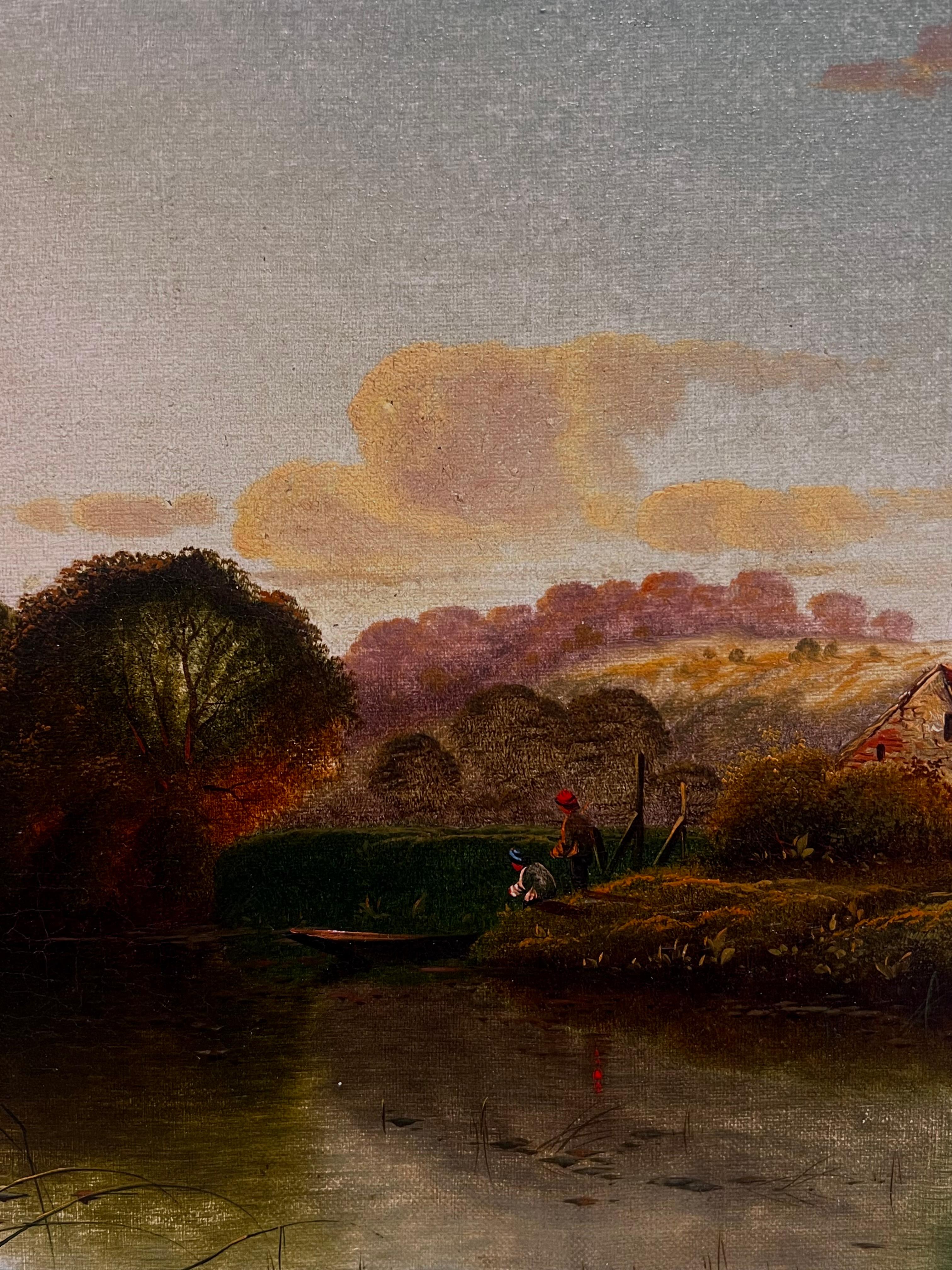 Feine viktorianische signiert Ölgemälde Sonnenuntergang Dämmerung über dem Fluss mit Anglern (Viktorianisch), Painting, von Edwin Henry Boddington (1836–1905) 