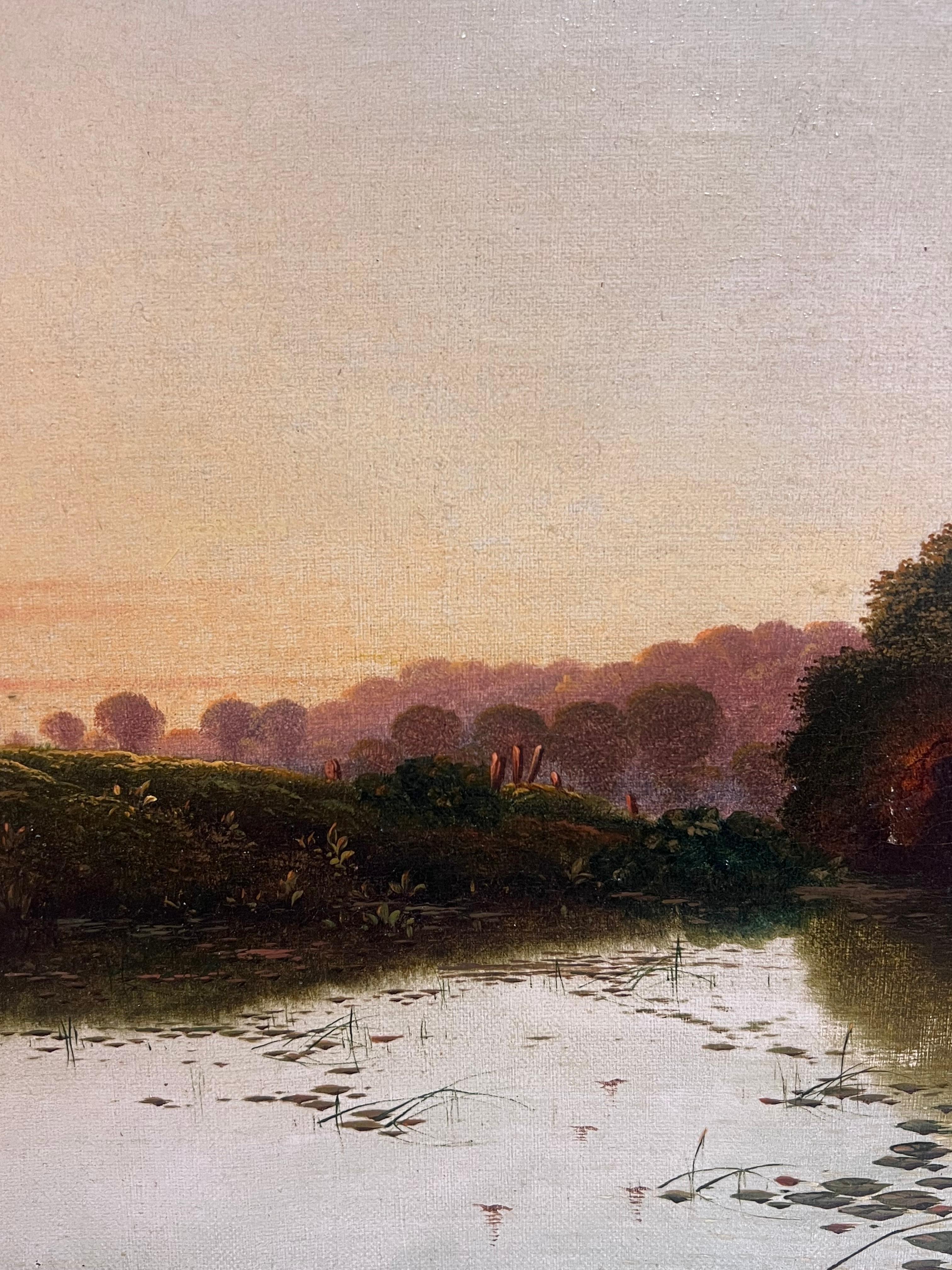 Feine viktorianische signiert Ölgemälde Sonnenuntergang Dämmerung über dem Fluss mit Anglern (Braun), Landscape Painting, von Edwin Henry Boddington (1836–1905) 