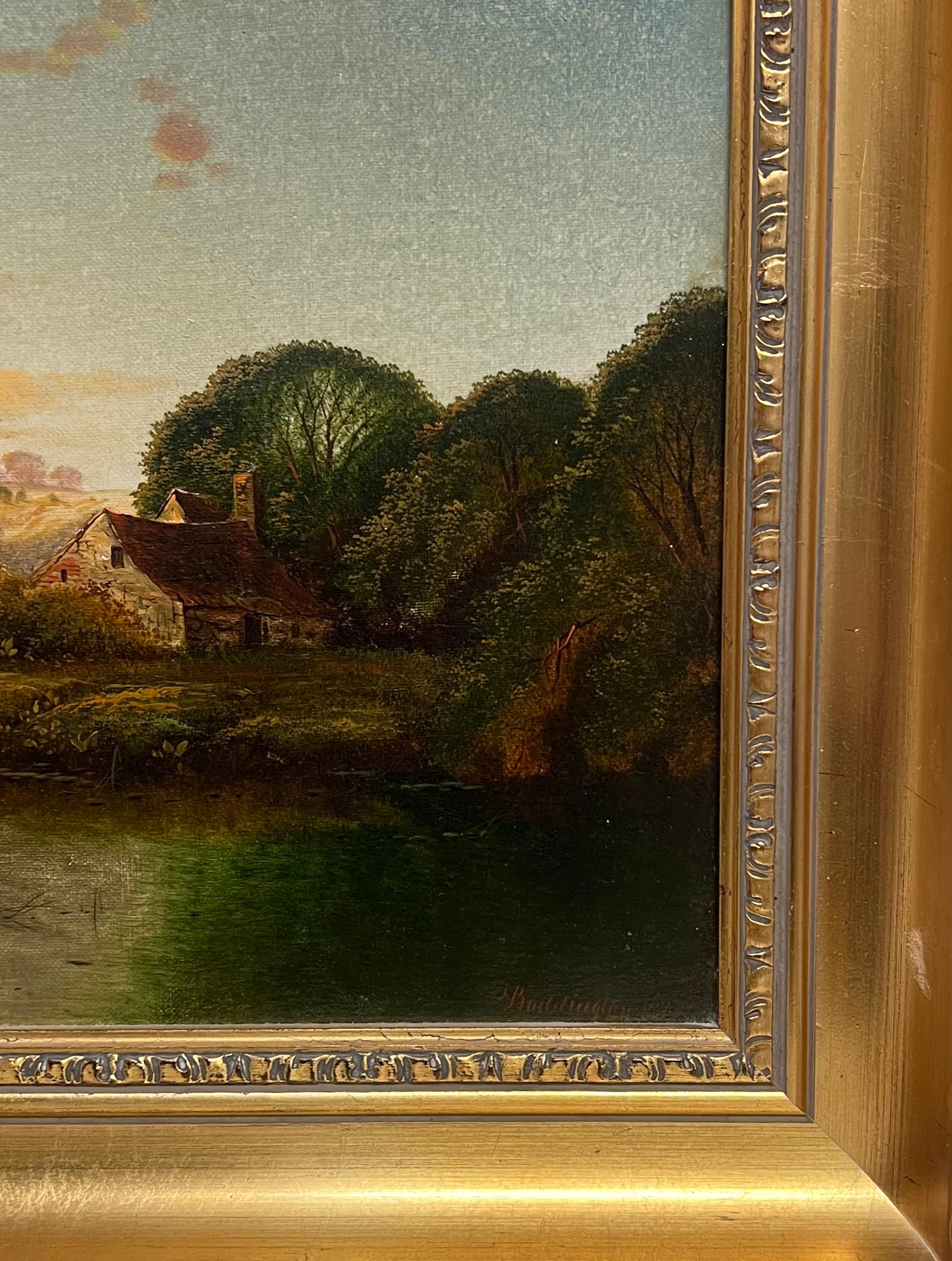 Feine viktorianische signiert Ölgemälde Sonnenuntergang Dämmerung über dem Fluss mit Anglern im Angebot 1