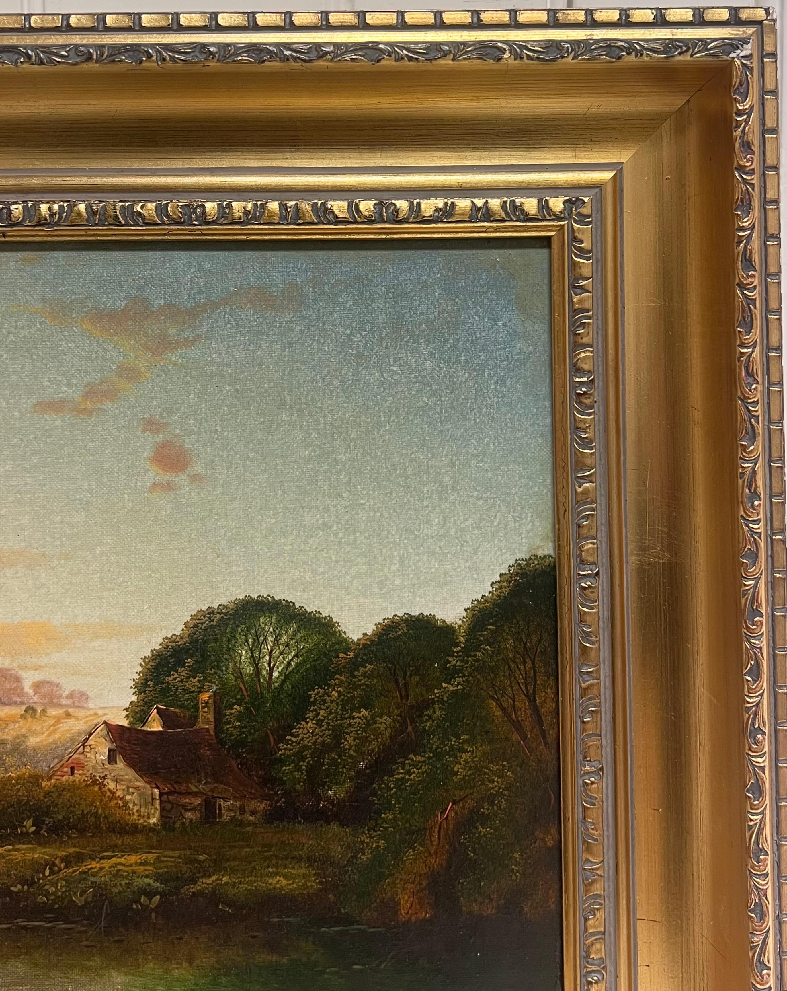 Feine viktorianische signiert Ölgemälde Sonnenuntergang Dämmerung über dem Fluss mit Anglern im Angebot 2