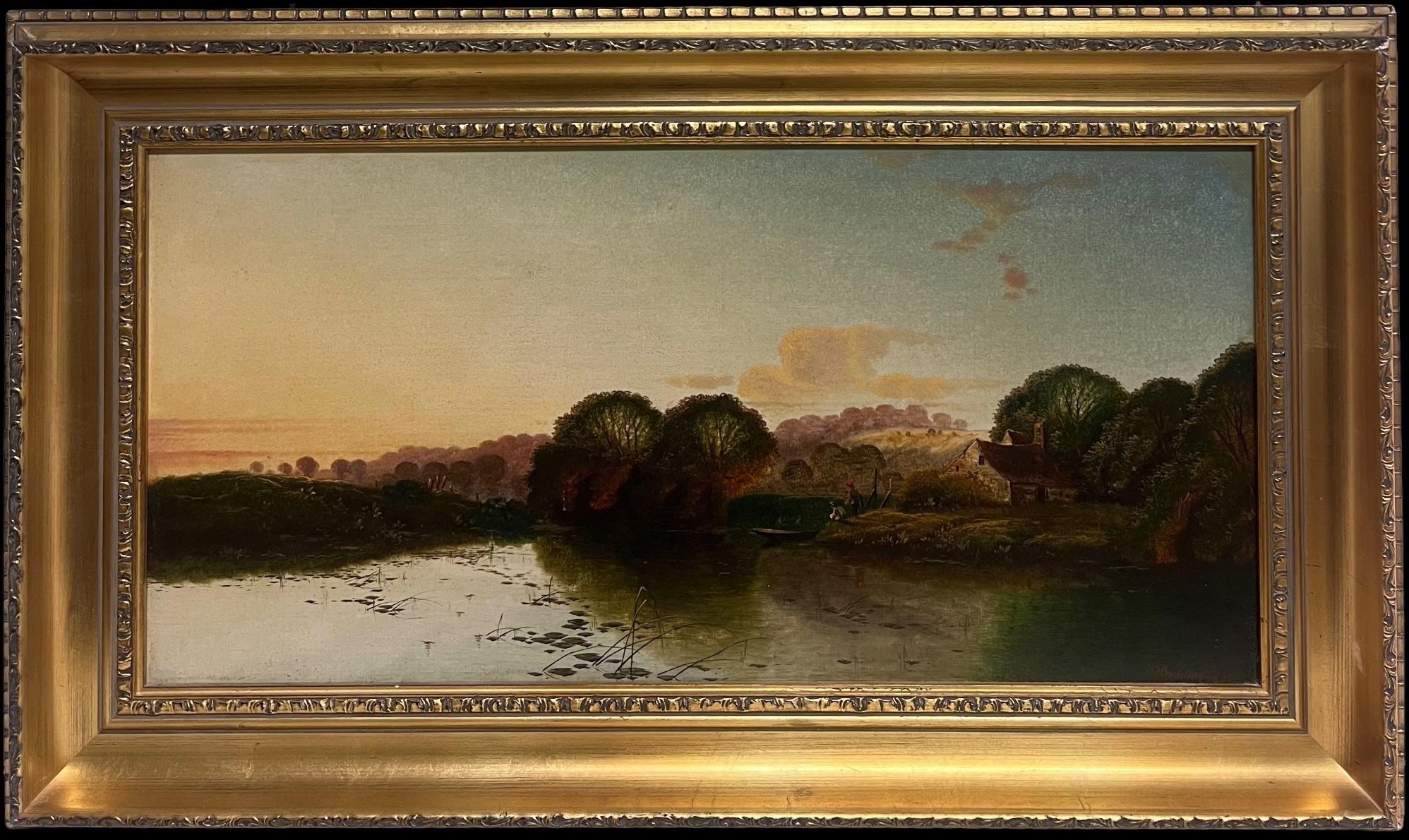 Feine viktorianische signiert Ölgemälde Sonnenuntergang Dämmerung über dem Fluss mit Anglern