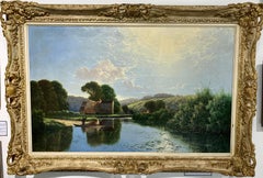 Antique English Victorian River landscape with cottage, figures on punt fishing.