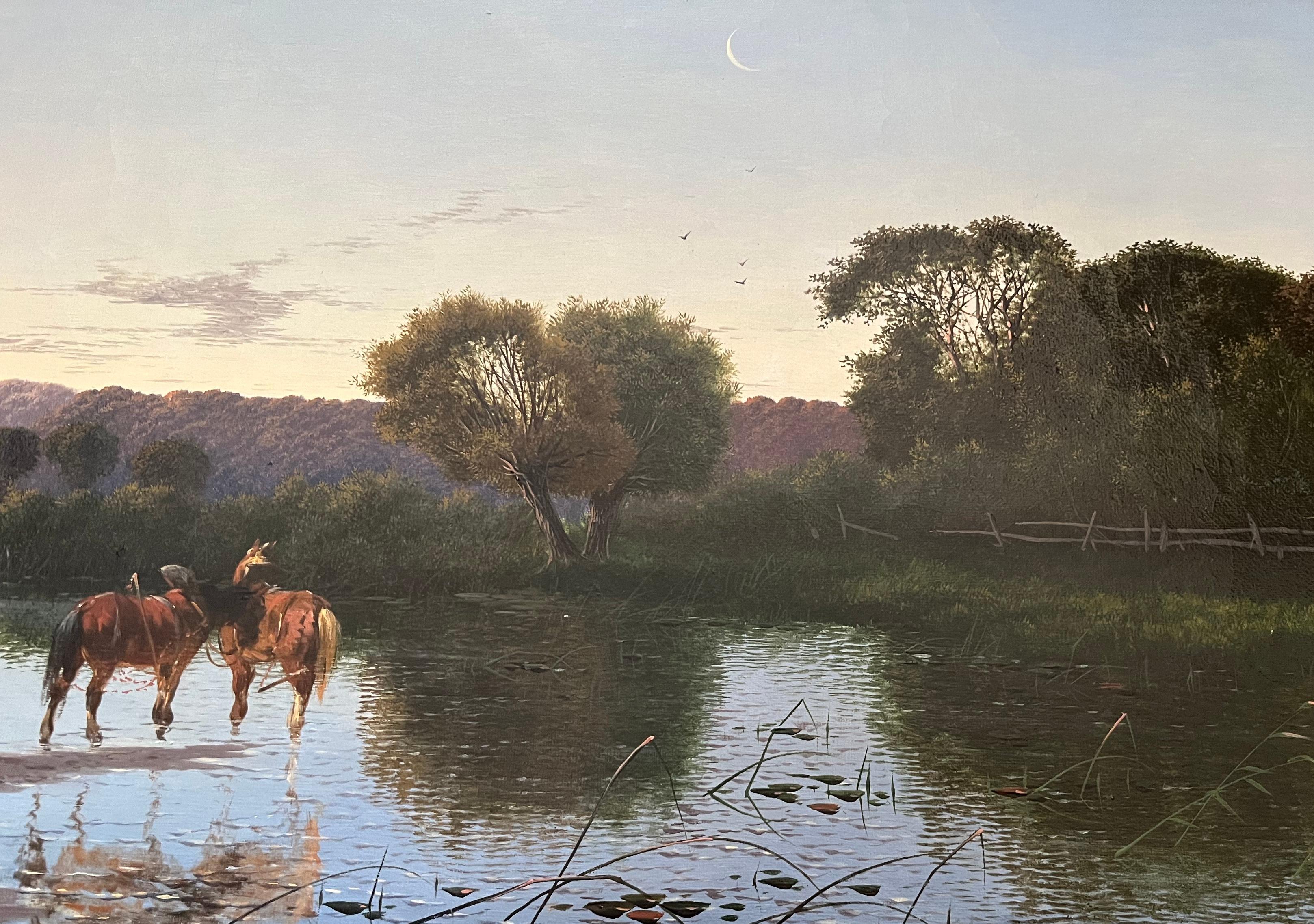 Victorian landscape painting of the River Thames with horses watering For Sale 6