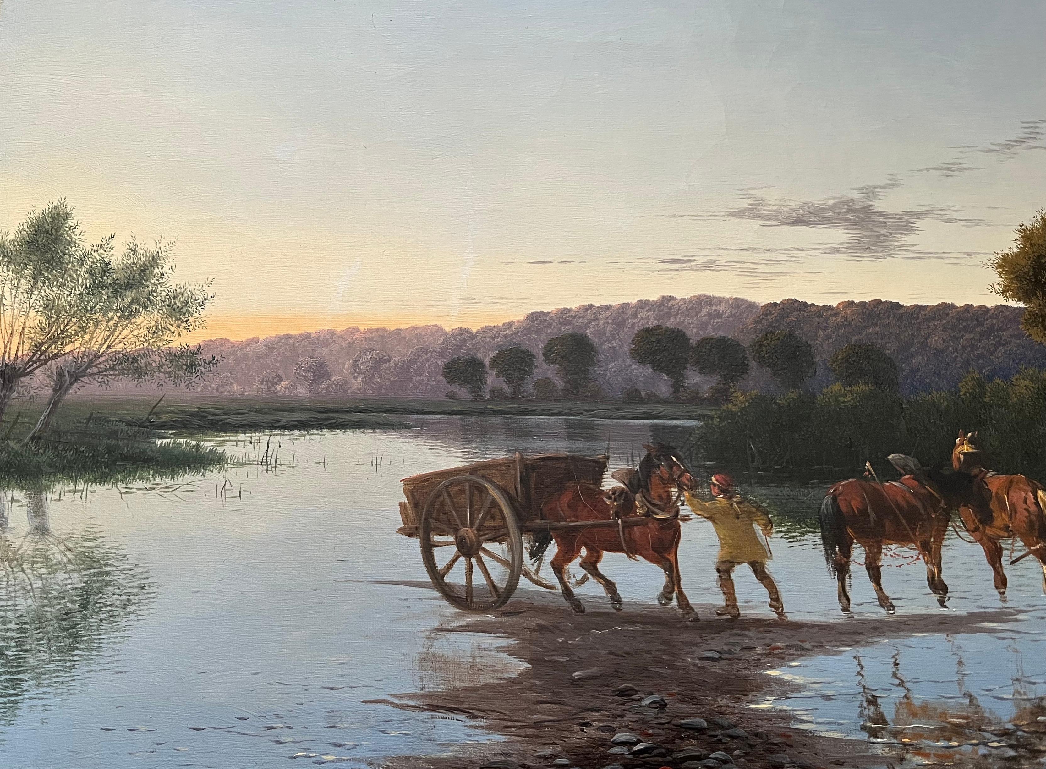  A very atmospheric scene of a horse and cart crossing the river Wey (a tributary of the river Thames) under a beautiful twilight sky. There is wonderful detail and light with the artist's characteristic use of delicate brushwork to depict the