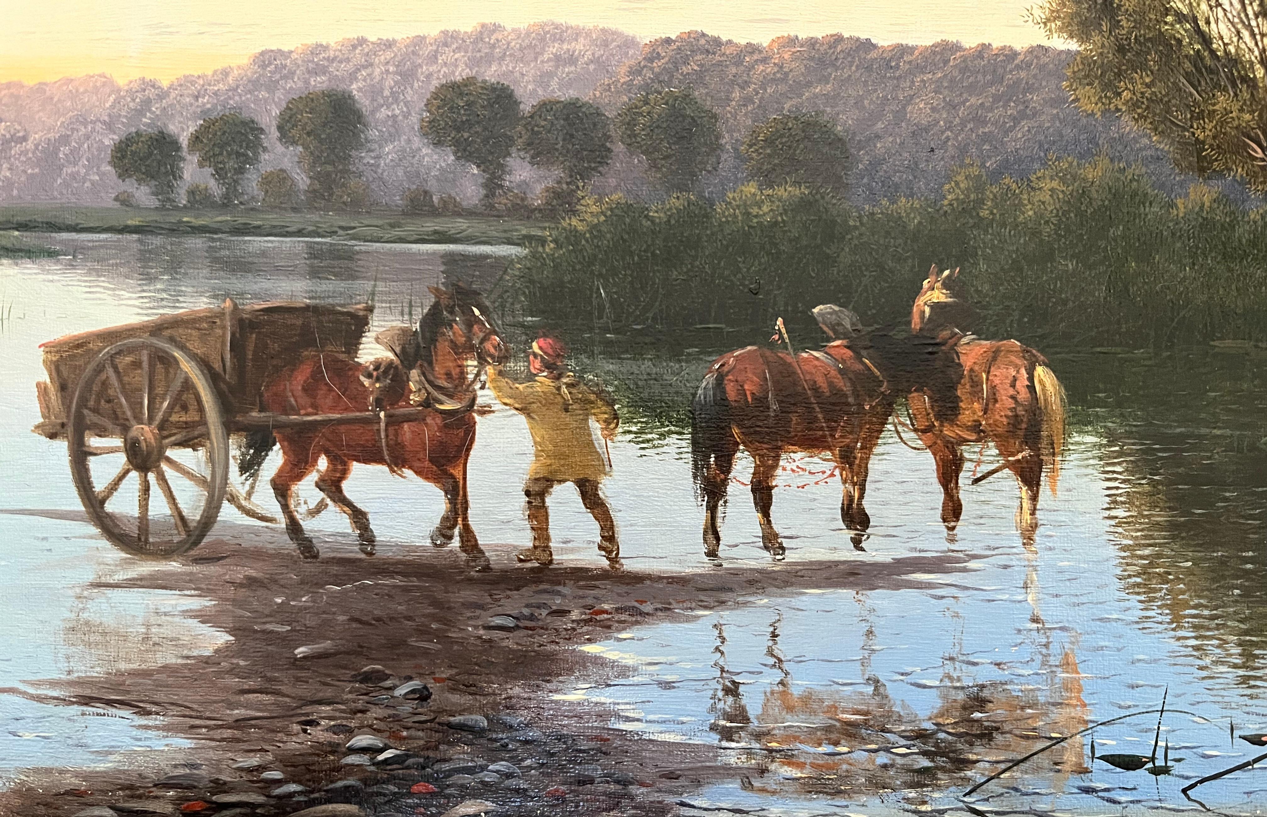 Victorian landscape painting of the River Thames with horses watering For Sale 2