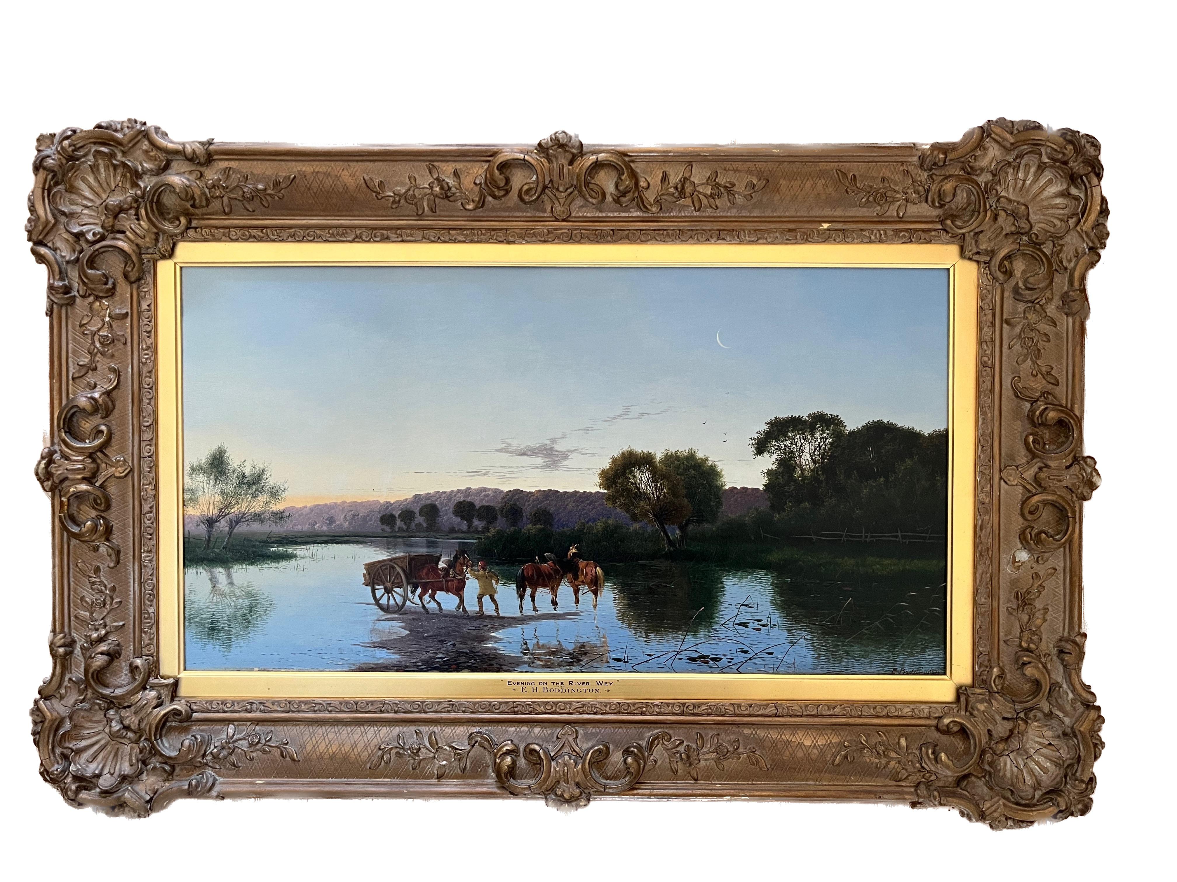 Peinture de paysage victorienne de la Tamise avec des chevaux s'abreuvant