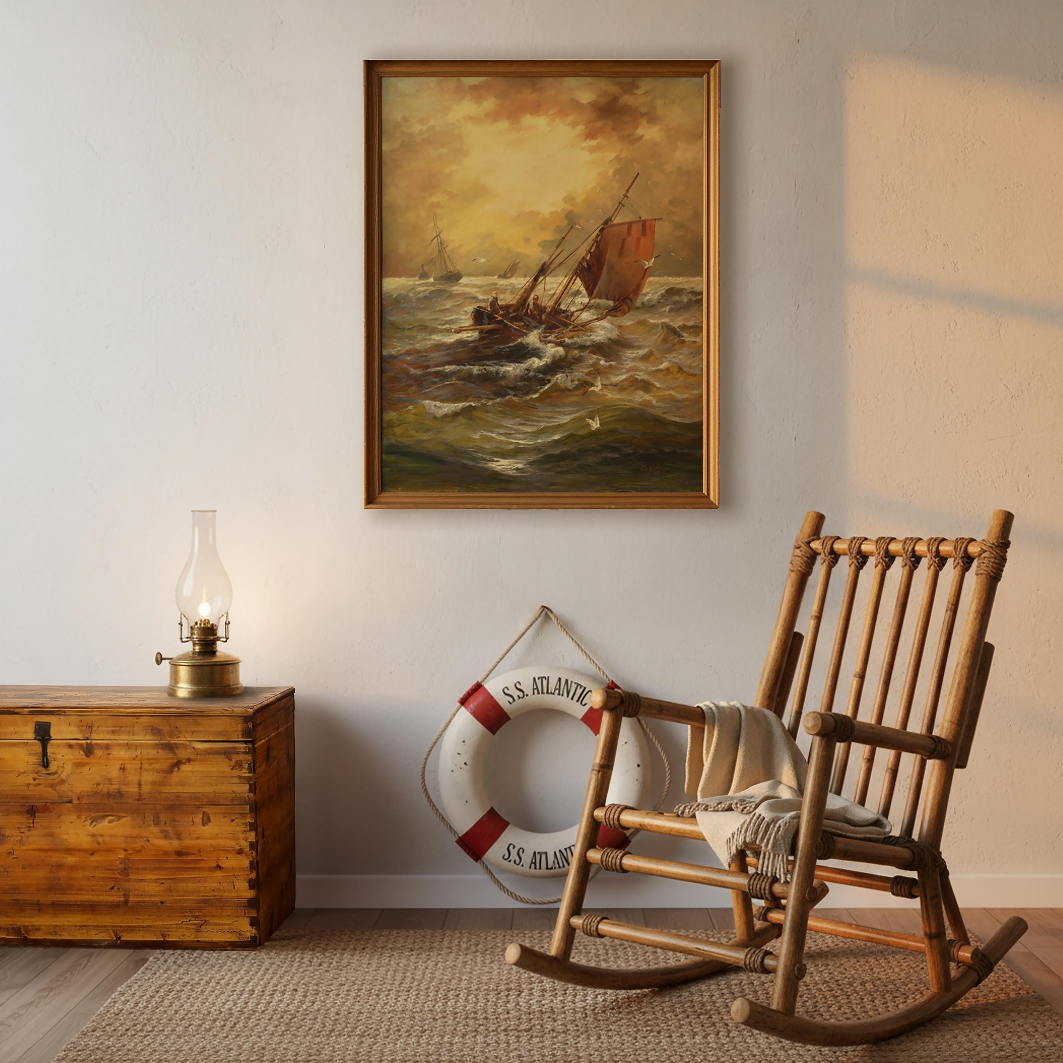 Peinture à l'huile de paysage marin britannique du 19e siècle représentant des pêcheurs naviguant par mer agitée en vente 5