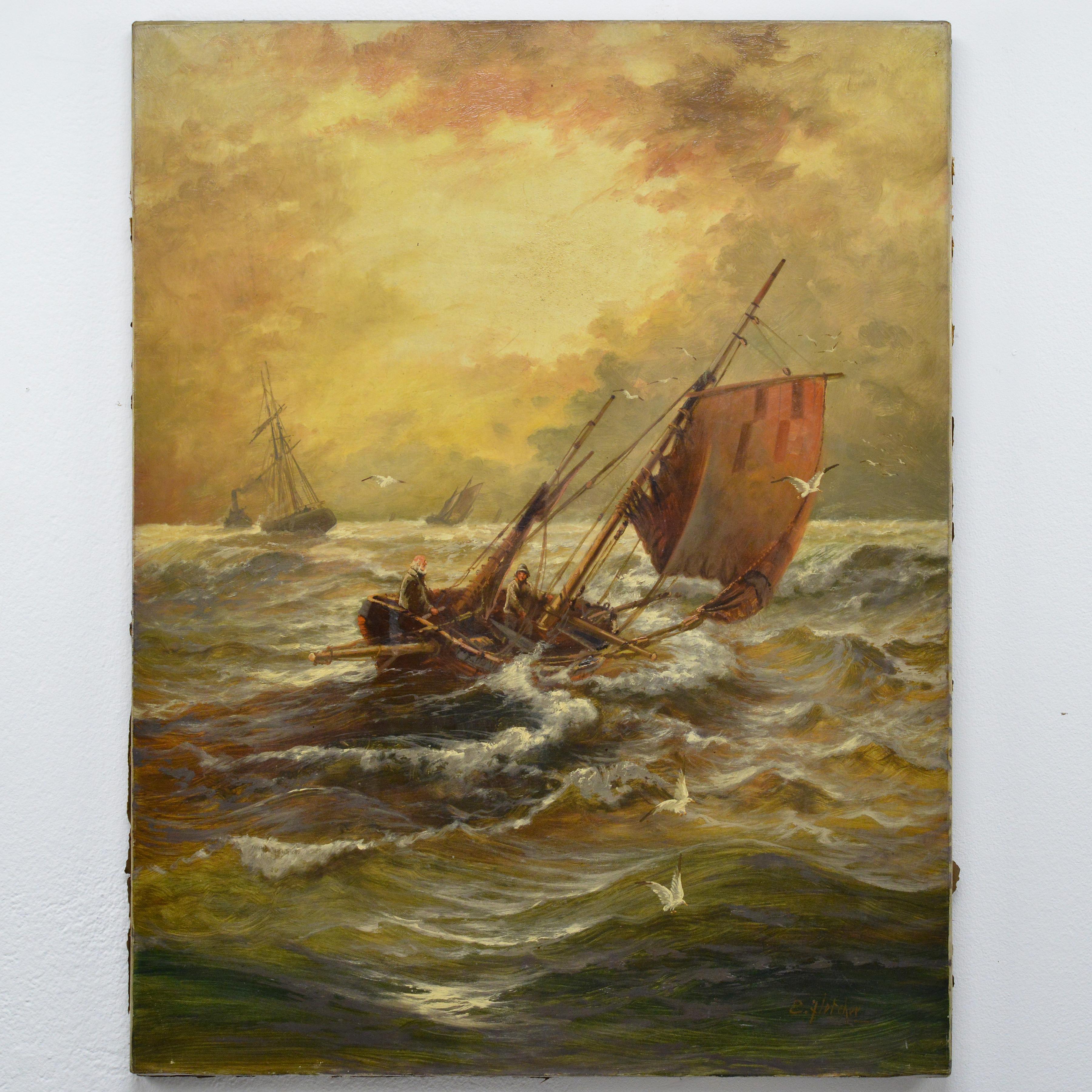 Peinture à l'huile de paysage marin britannique du 19e siècle représentant des pêcheurs naviguant par mer agitée - Painting de Edwin Henry Eugene Fletcher