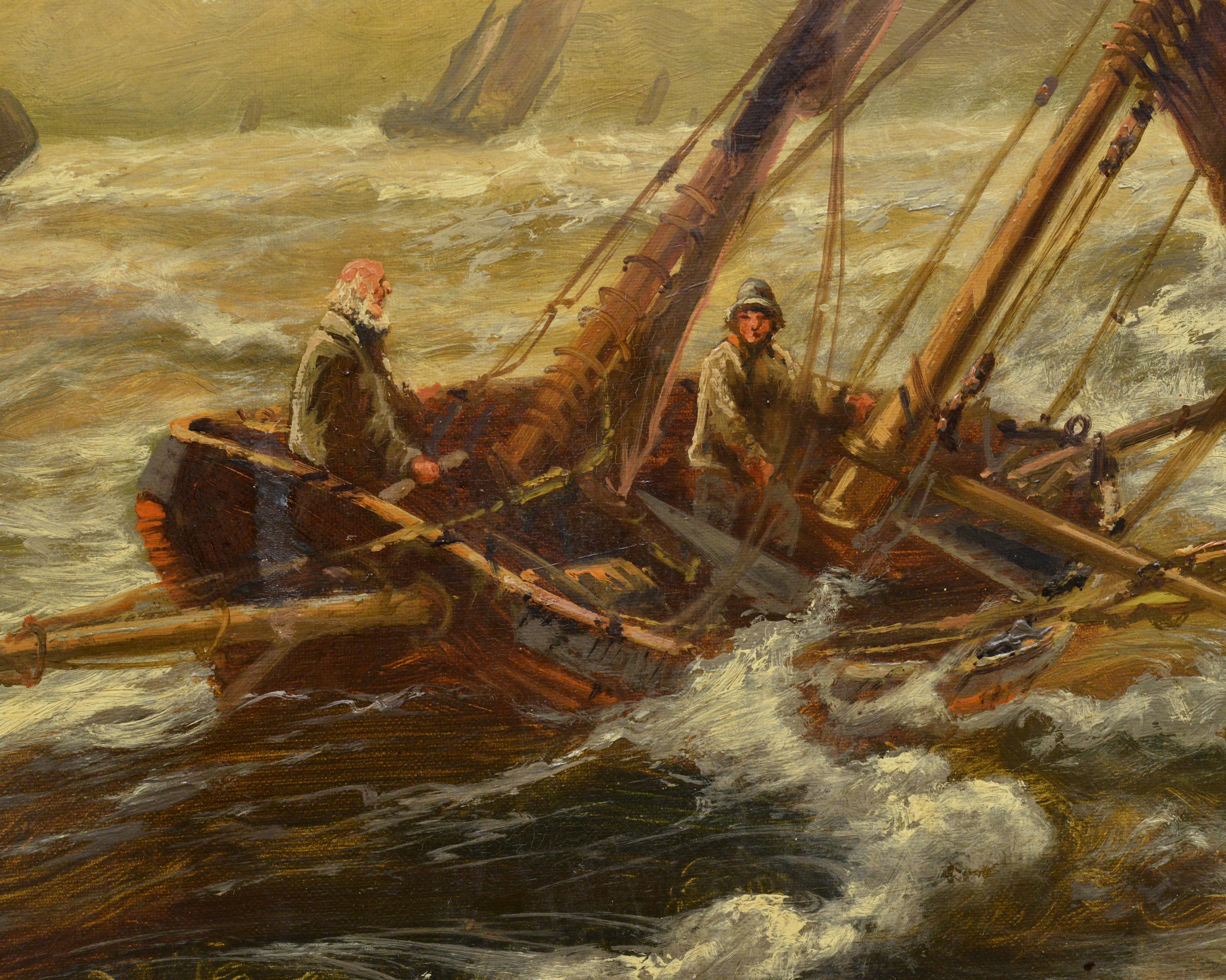 Peinture à l'huile de paysage marin britannique du 19e siècle représentant des pêcheurs naviguant par mer agitée - Réalisme Painting par Edwin Henry Eugene Fletcher