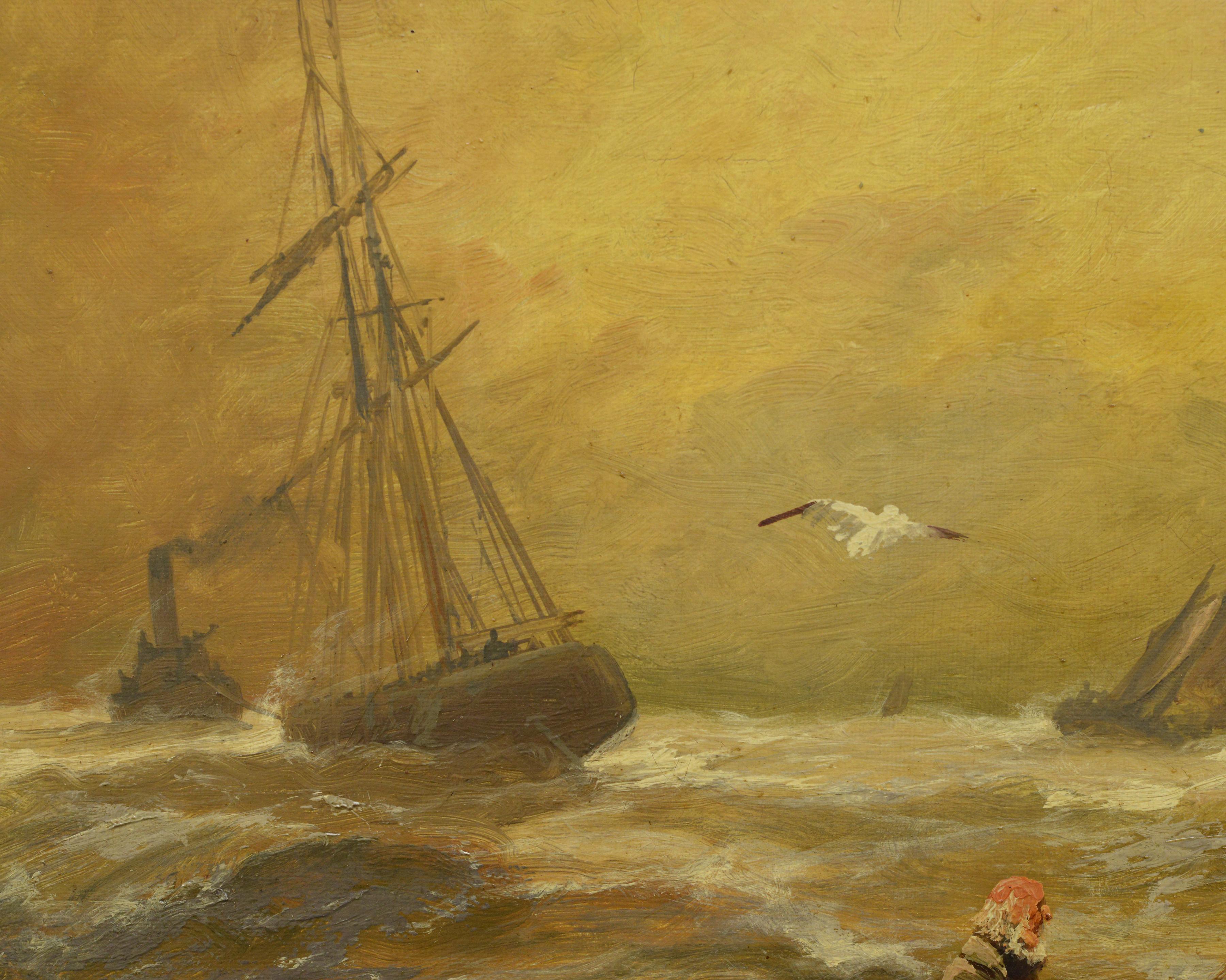 Peinture à l'huile de paysage marin britannique du 19e siècle représentant des pêcheurs naviguant par mer agitée - Marron Figurative Painting par Edwin Henry Eugene Fletcher