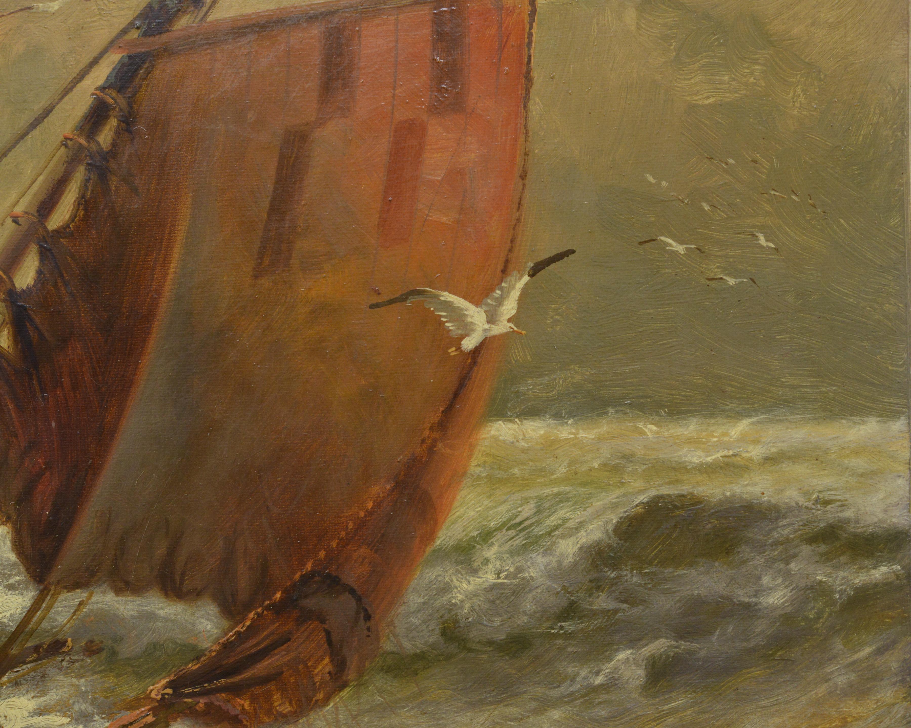 Cette exquise peinture à l'huile de la fin du XIXe siècle, attribuée au célèbre artiste marin britannique Edwin Henry Eugene Fletcher (1857-1945), capture l'essence puissante de l'océan. Ce paysage marin dynamique représente des pêcheurs à bord