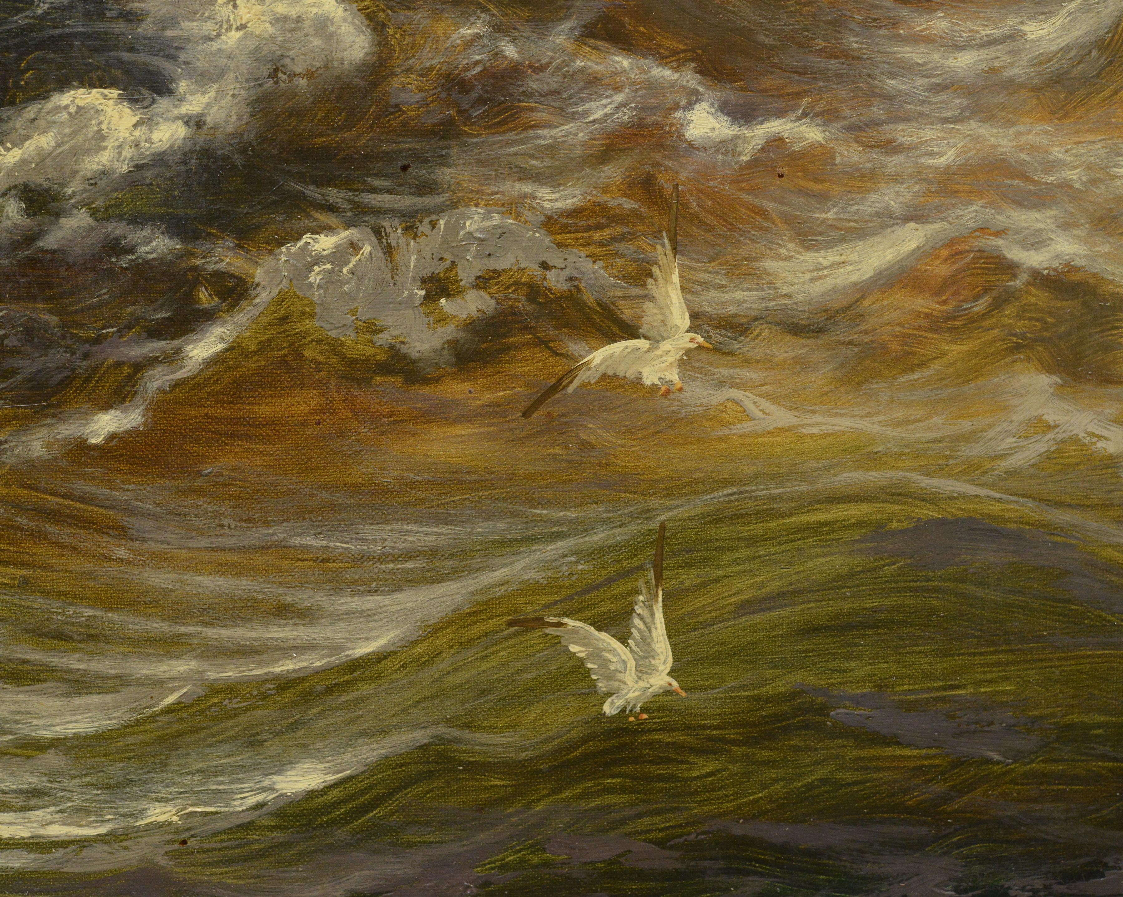 Peinture à l'huile de paysage marin britannique du 19e siècle représentant des pêcheurs naviguant par mer agitée en vente 1