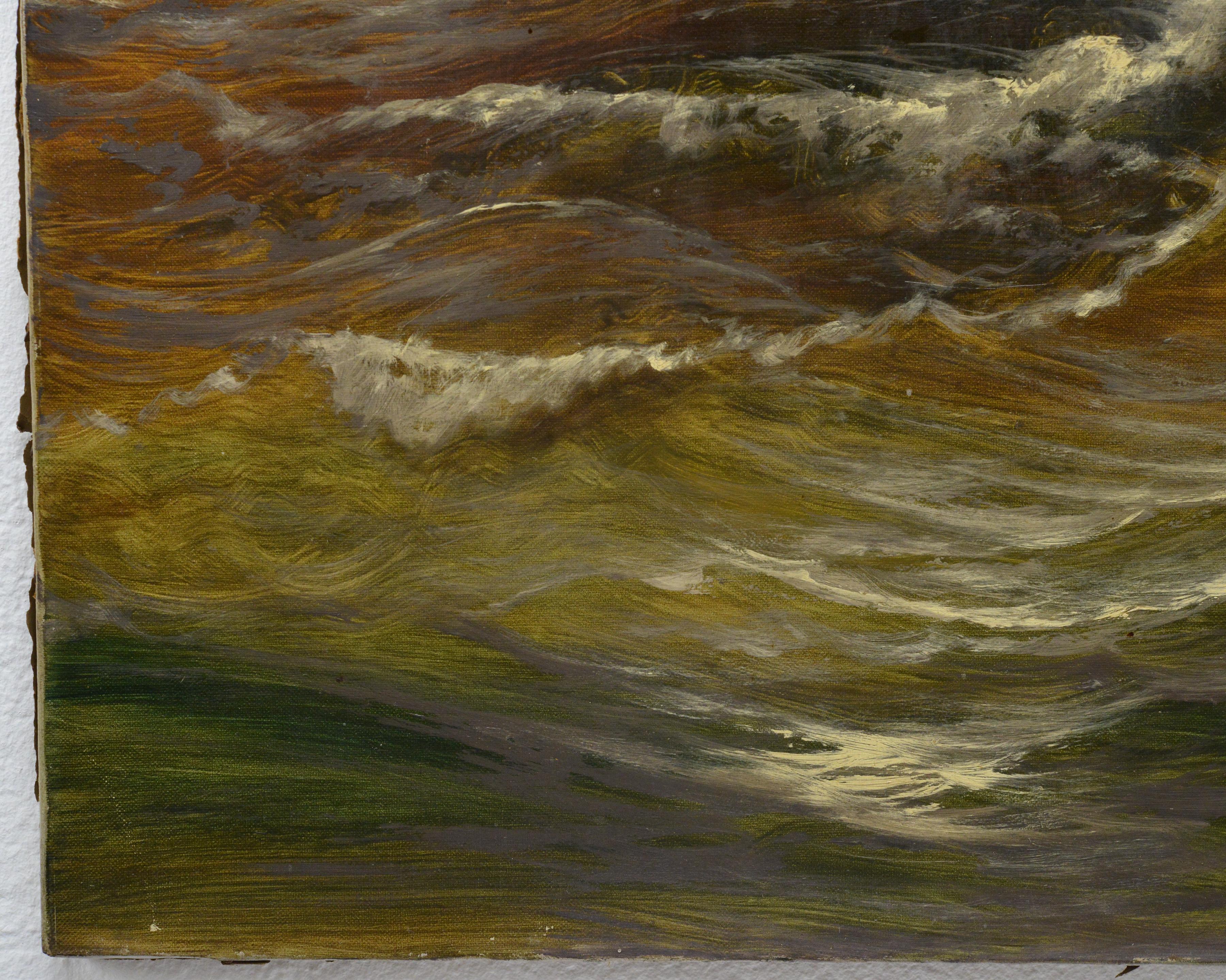 Peinture à l'huile de paysage marin britannique du 19e siècle représentant des pêcheurs naviguant par mer agitée en vente 2