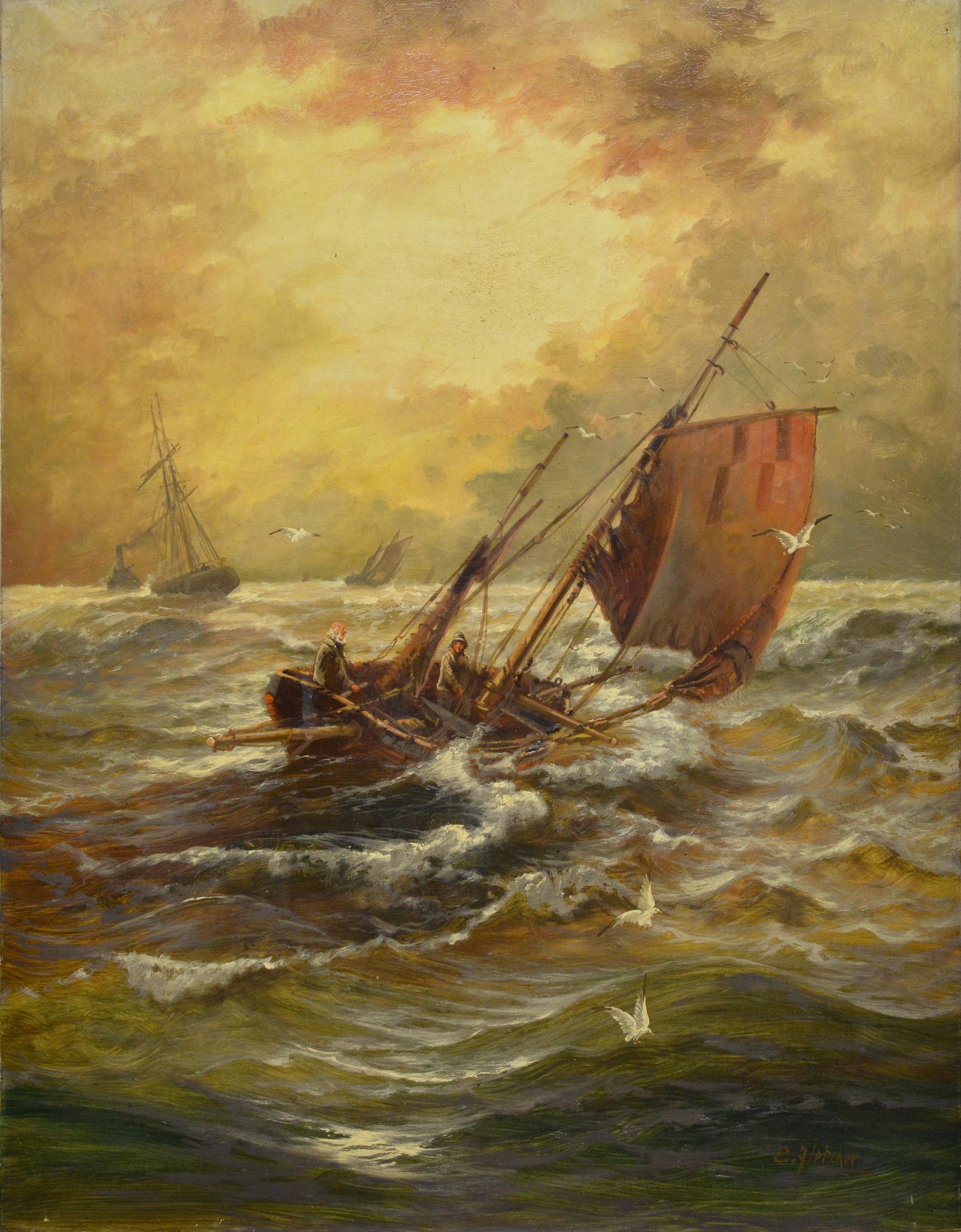 Britische Seelandschaft aus dem 19. Jahrhundert, Ölgemälde von Fischern, die in stürmischer See segeln