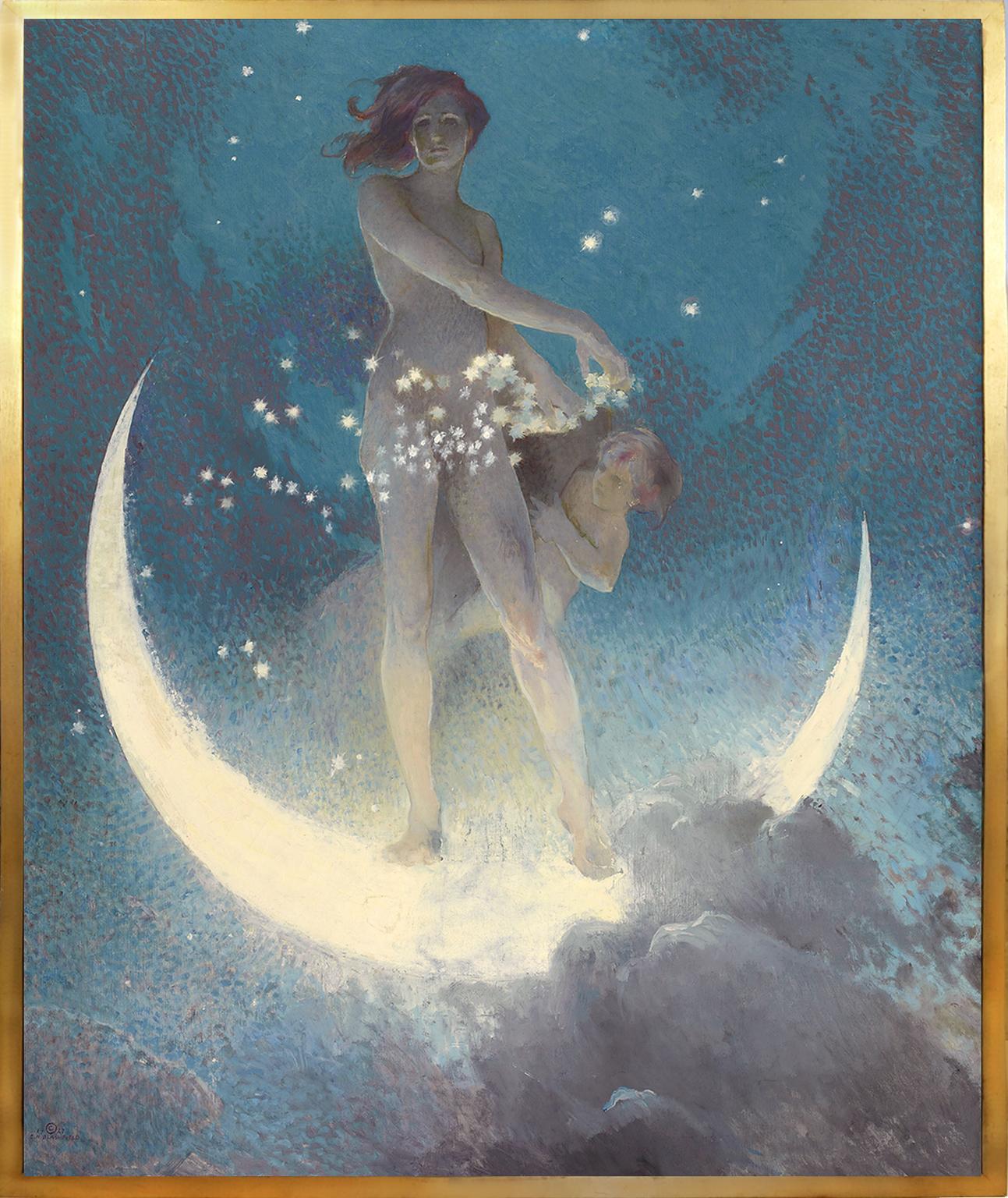 Spring Scattering Stars, Nude allegory scattering stars from a crescent moon - Painting by Edwin Howland Blashfield