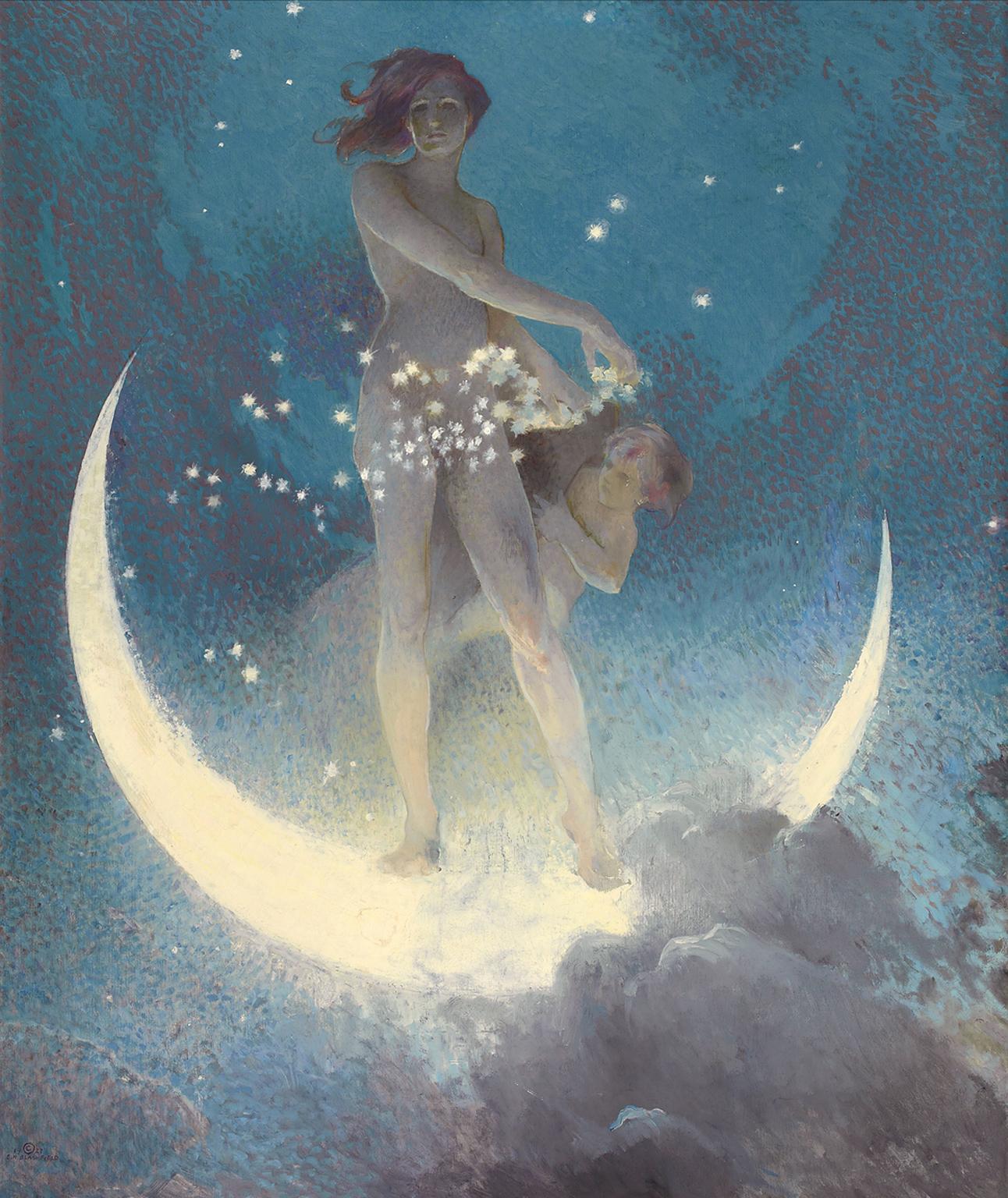 Edwin Howland Blashfield Figurative Painting – Spring Scattering Stars, Nude allegory scattering stars from a crescent moon