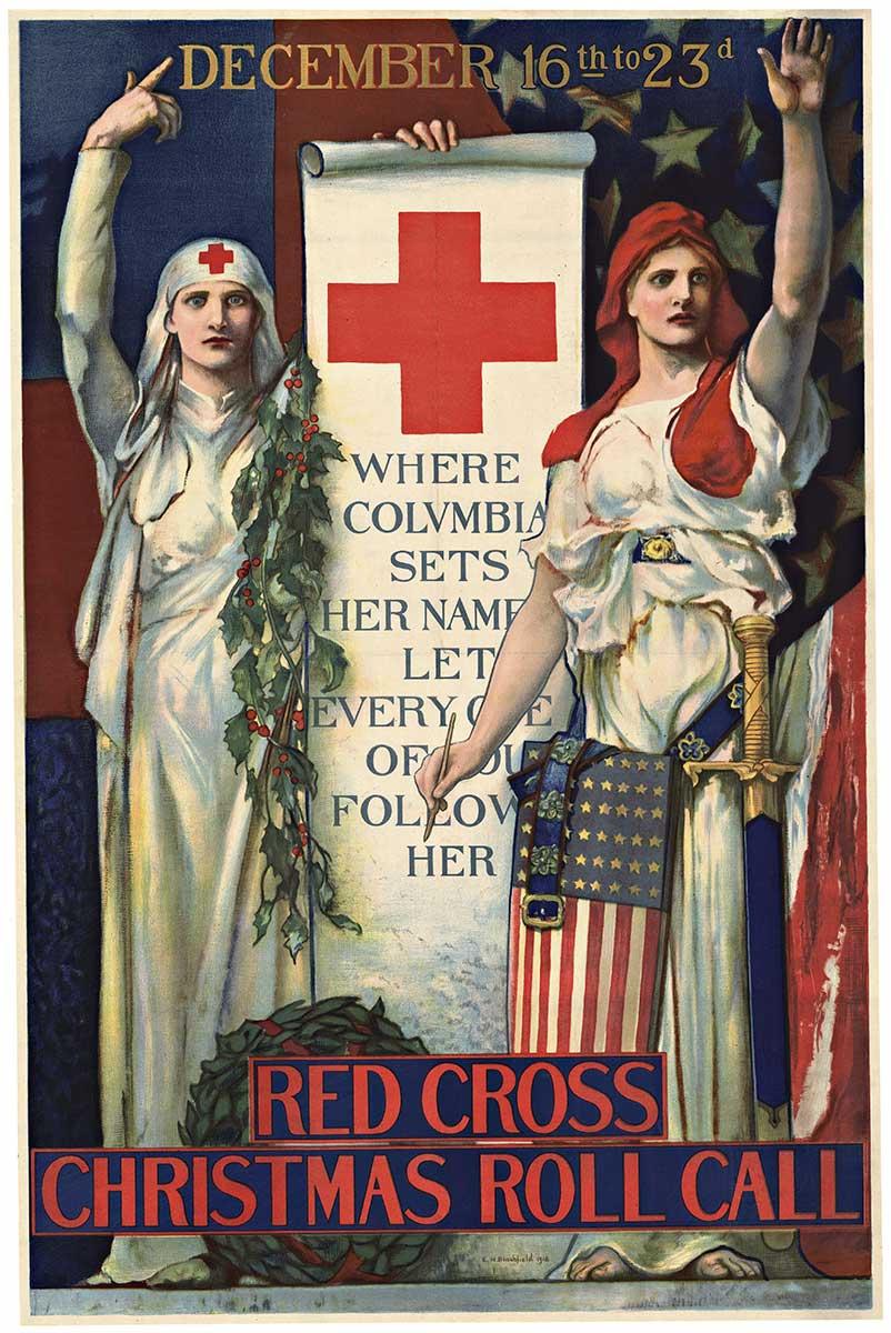 Red Cross Christmas Roll Call original World War 1 vintage lithographic poster