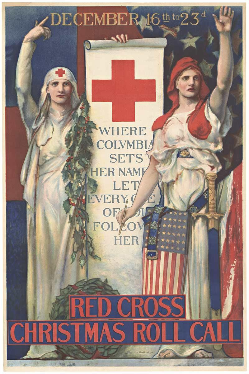 Affiche vintage originale de la Première Guerre mondiale avec la Croix-Rouge de Noël Roll Call