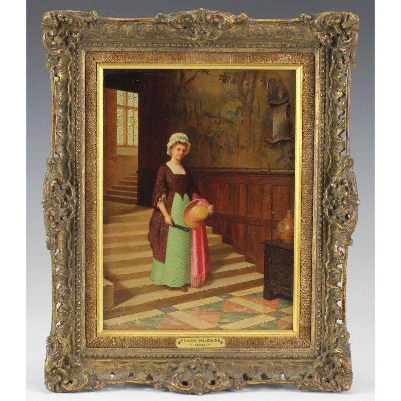 Edwin Hughes Oil Painting on board of Lady’s Maid, Signed Dated 1886 

Hughes, Edwin (1842-1922) – British Oil on board. Signed dated 1886 Lower Left. Titled on the reverse “My Lady’s Maid” Marked “Mue DD ‘72” on reverse, likely a reference to the