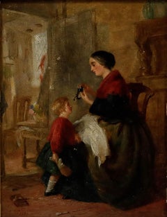 Edwin Hughes (1842-1922) - 1863 Oil, A Stitch in Time