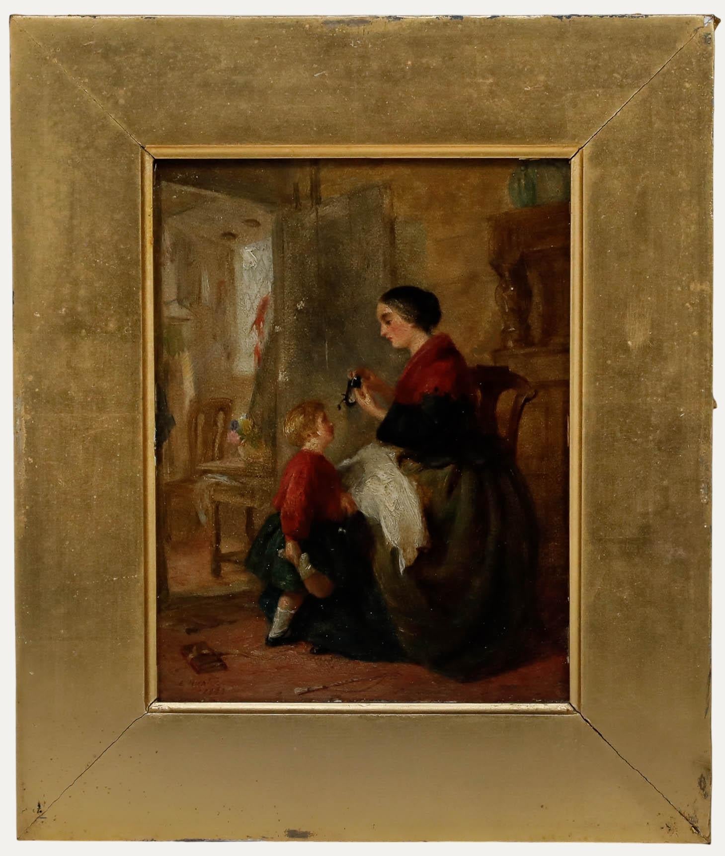 A charming domestic scene by British artist Edwin Hughes (1842-1922) in which a mother mends a shoe for her young child, who waits eagerly beside her. Signed and dated to the lower left. Well presented in a gilt frame. On panel. Image size: 14.5 x