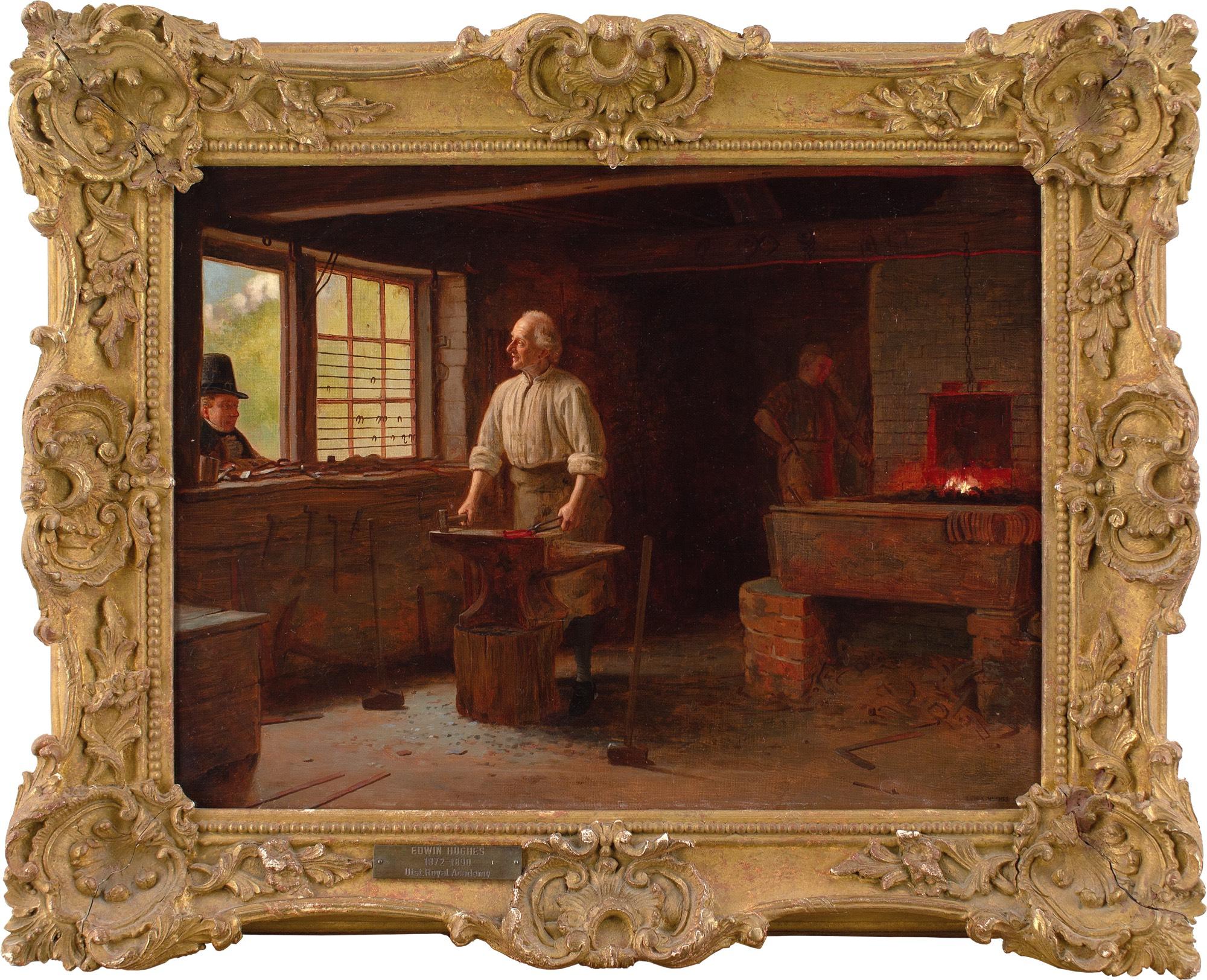 Cette peinture à l'huile de la fin du XIXe siècle, réalisée par l'artiste britannique Edwin Hughes (1842-1922), représente un maréchal-ferrant tenant un fer à cheval tout en conversant avec un gentleman à travers une fenêtre. Son assistant travaille