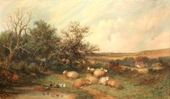 Sheep in a Landscape - Huge 19th Century Antique English Landscape Oil Painting