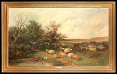 Sheep in a Landscape - Huge 19th Century Antique English Landscape Oil Painting