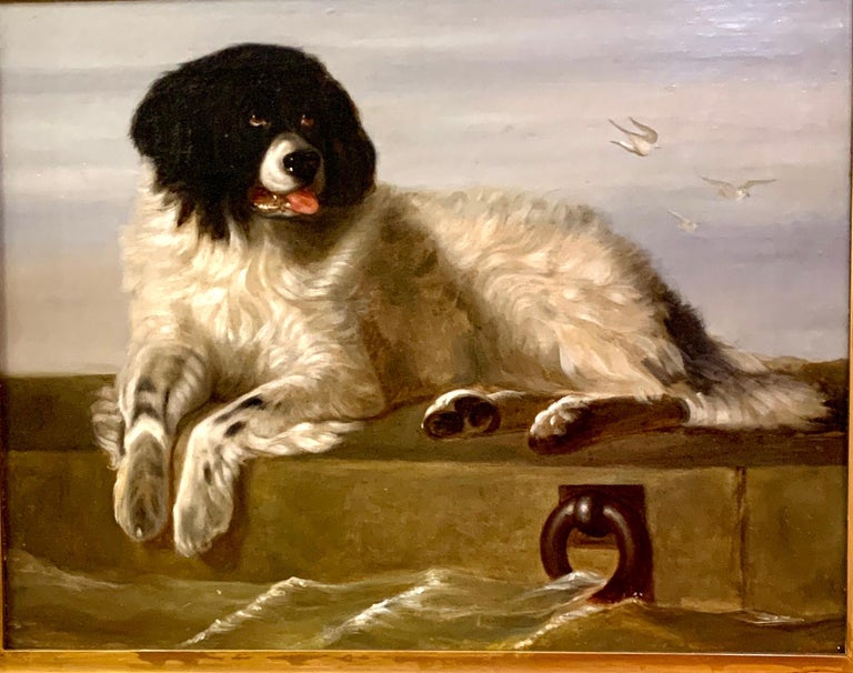 English 19th century, Portrait of a Newfoundland dog, seated - Painting by Sir Edwin Landseer