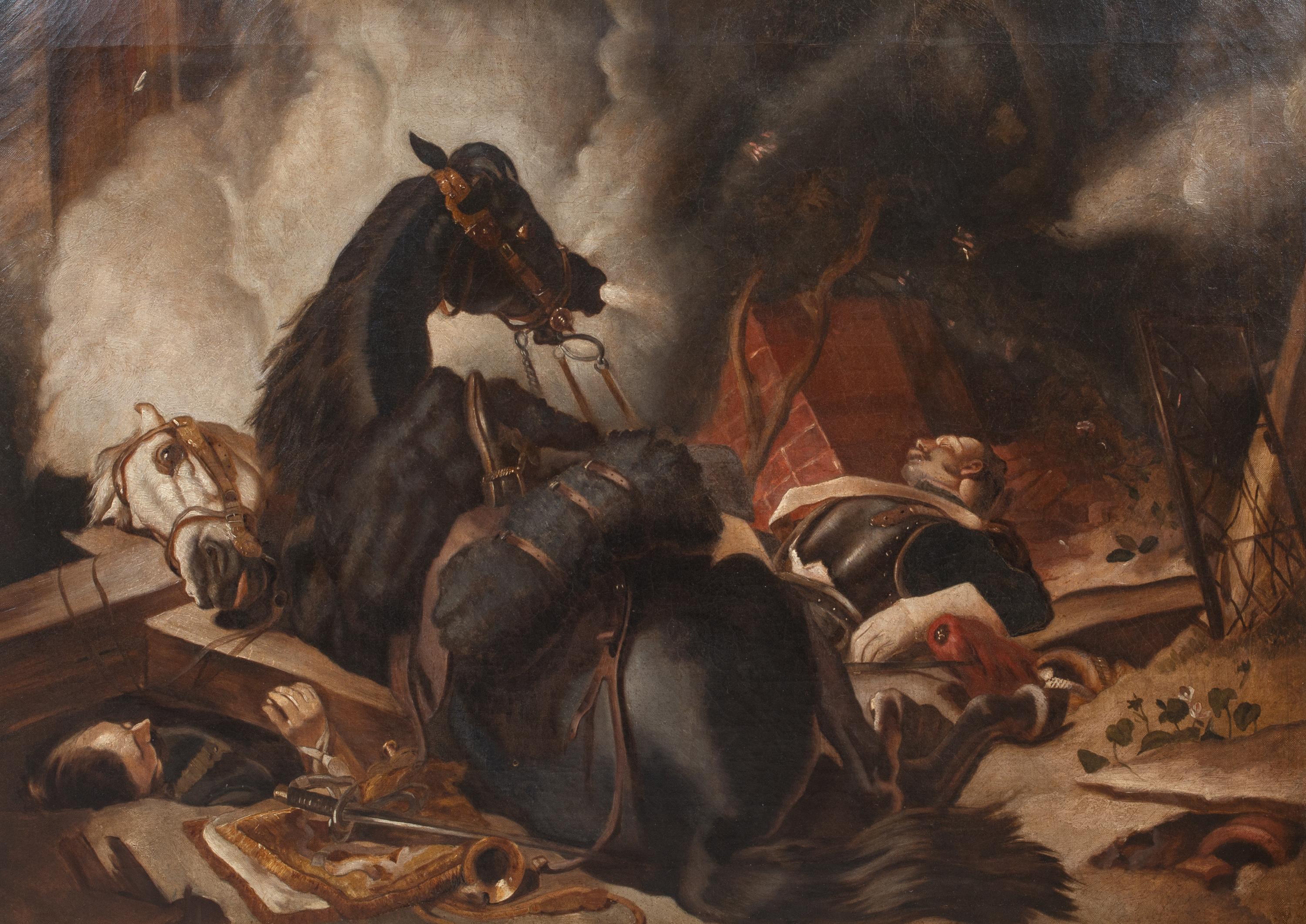 War Horse, 19th Century 

after Sir Edwin Henry Landseer (1802-1872)

Large 19th century Napoleonic Cuirassier War Horse scene, oil on canvas. Excellent quality and condition depiction of the surviving horse during battle startled at his dismounted
