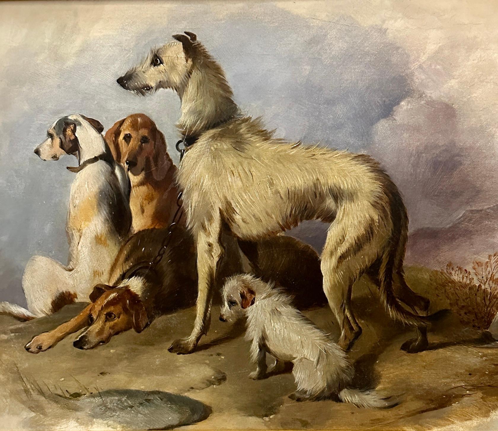 Scottish 19th century Highland group of dogs in a landscape looking noble - Painting by Sir Edwin Landseer