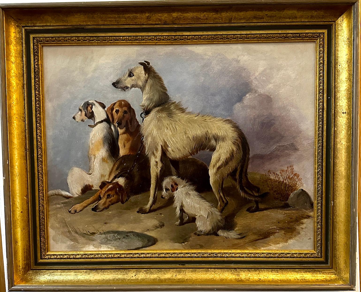Sir Edwin Landseer Landscape Painting - Scottish 19th century Highland group of dogs in a landscape looking noble