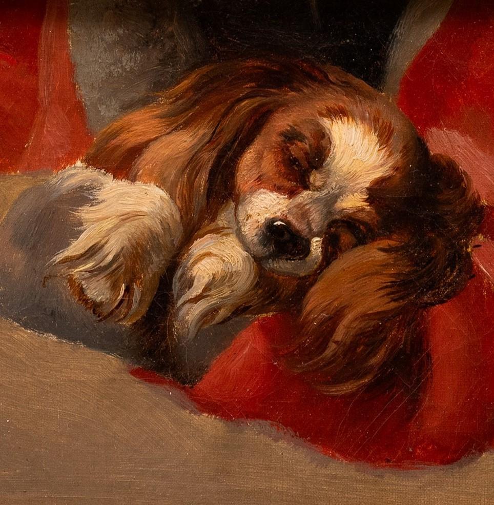 Sleeping Cavalier King Charles Puppy- Edwin Landseer (1802-1873), circle of - Realist Painting by Sir Edwin Landseer