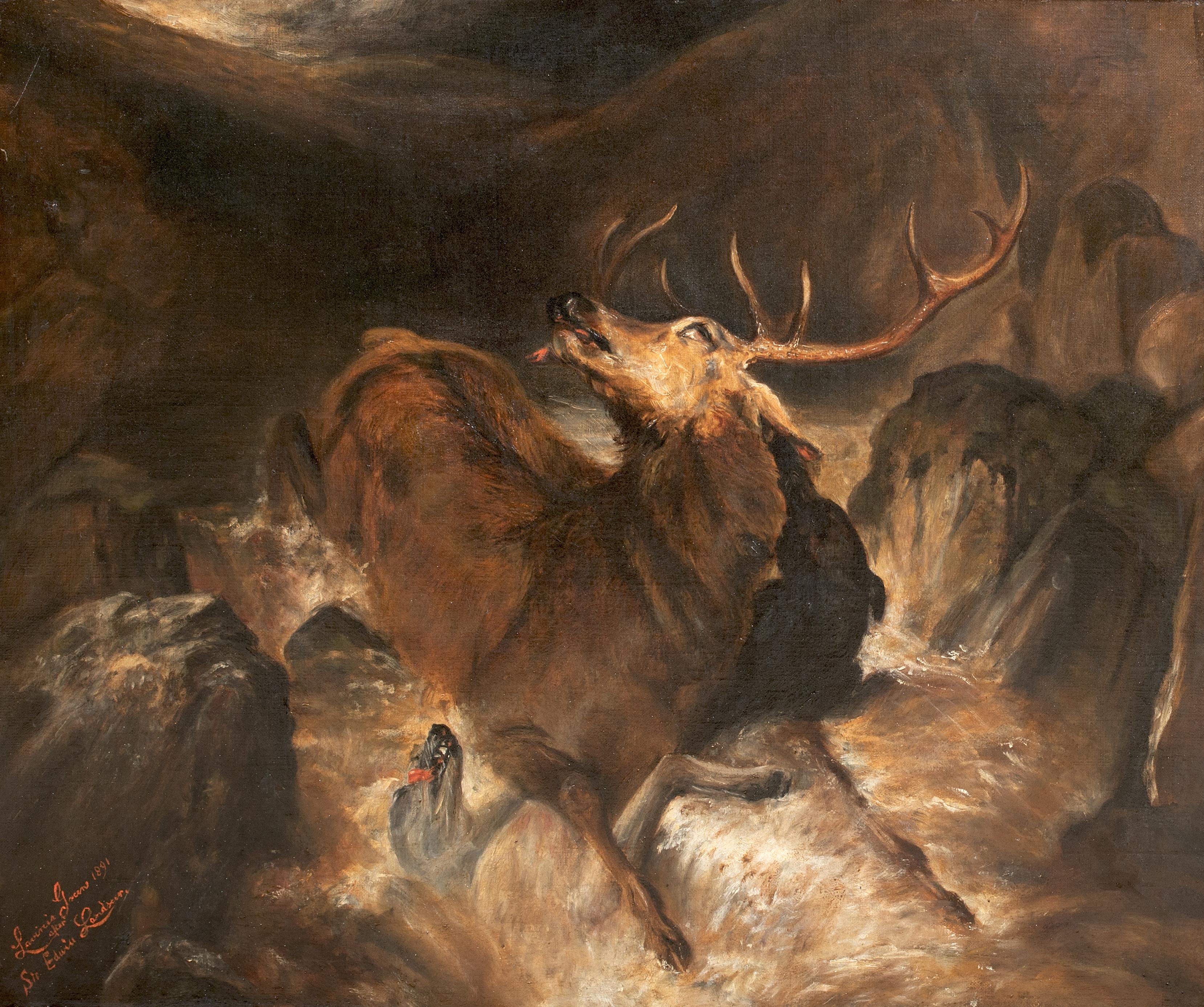 Stag Hunting Scene, 19th Century  after Sir Edwin Henry Landseer (1802-1873) - Brown Animal Painting by Sir Edwin Landseer