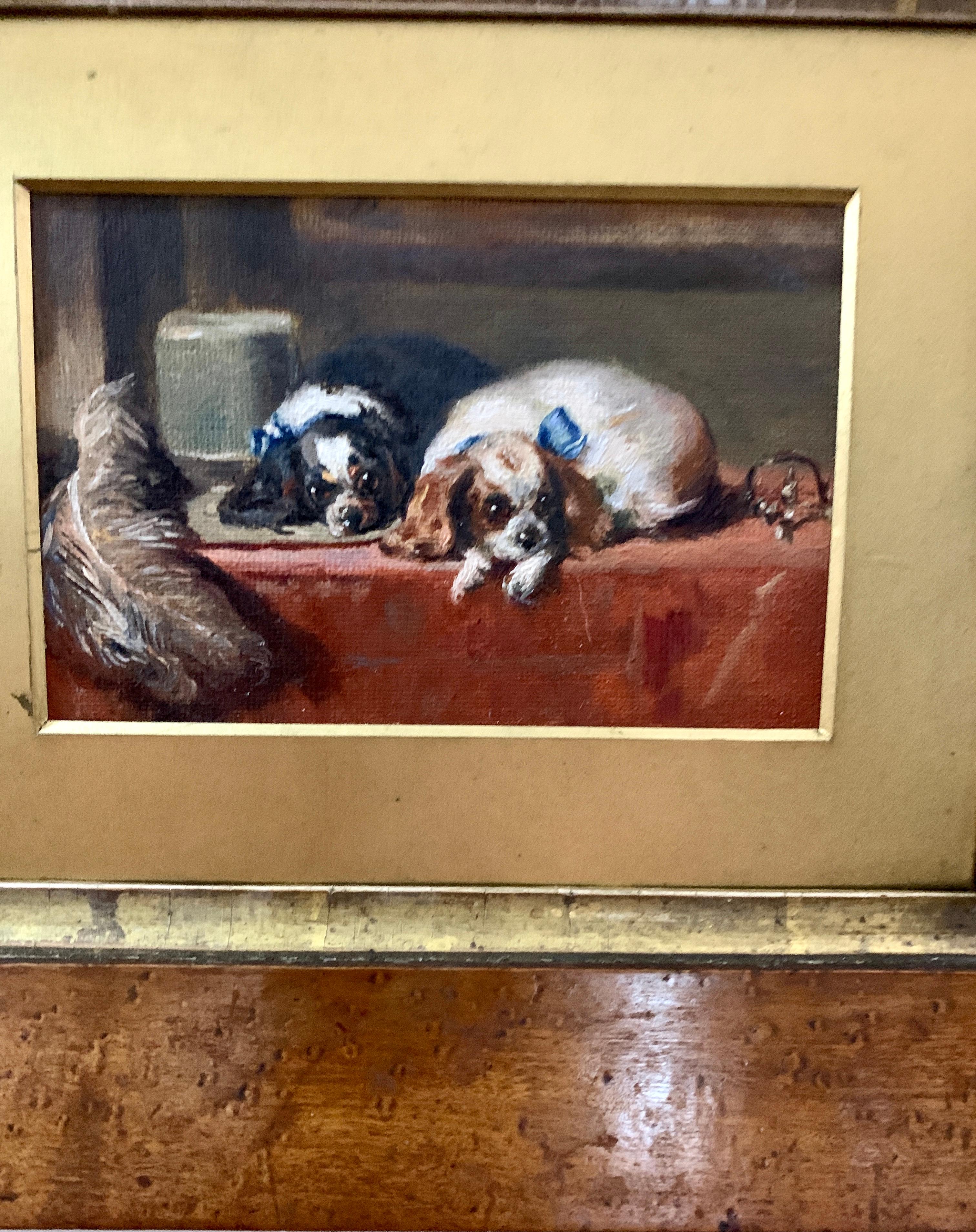 Victorian portrait of two seated Spaniels on a cushion in a maple wood frame - Painting by Sir Edwin Landseer
