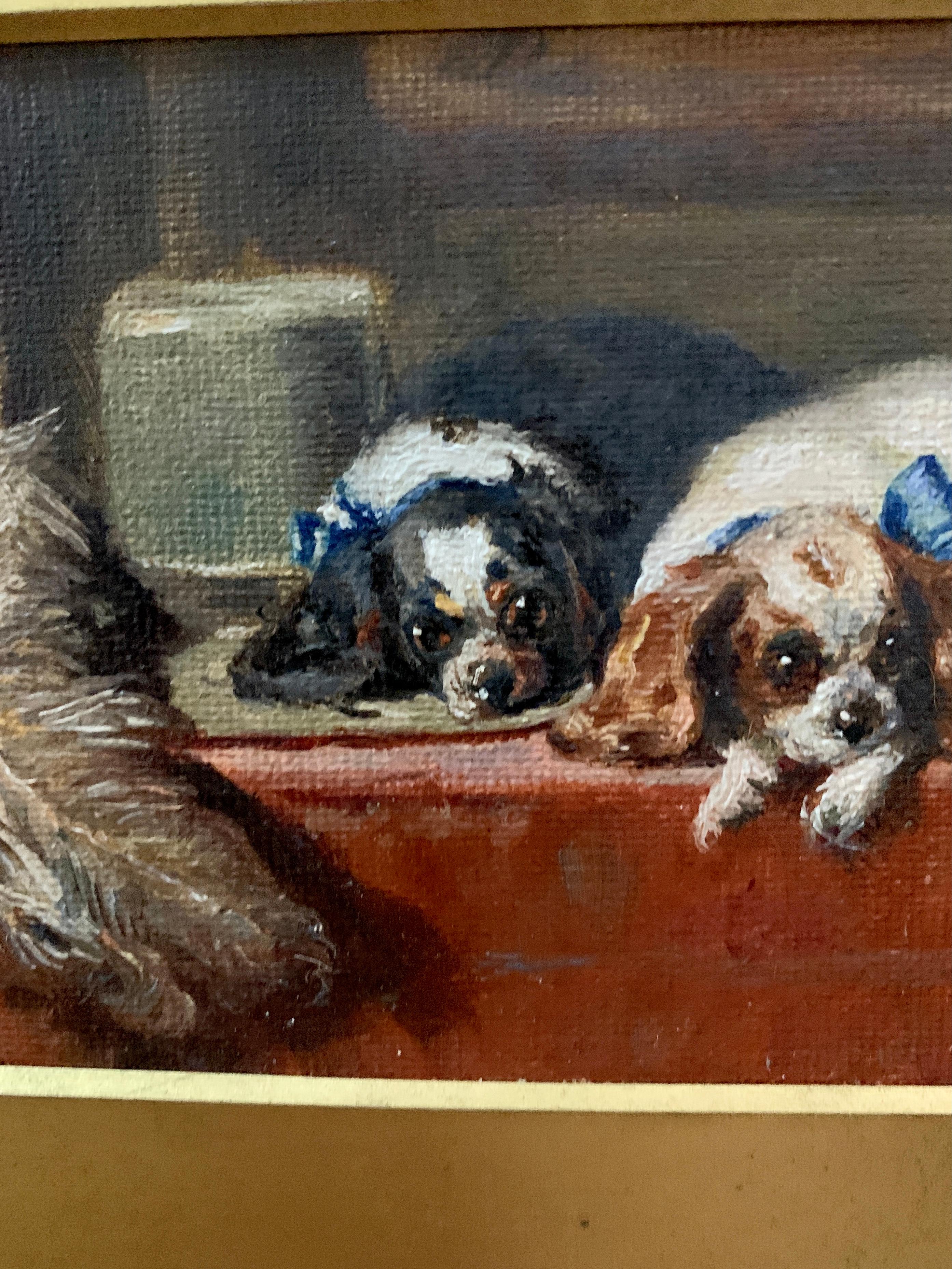 Victorian portrait of two seated Spaniels on a cushion in a maple wood frame - Brown Portrait Painting by Sir Edwin Landseer