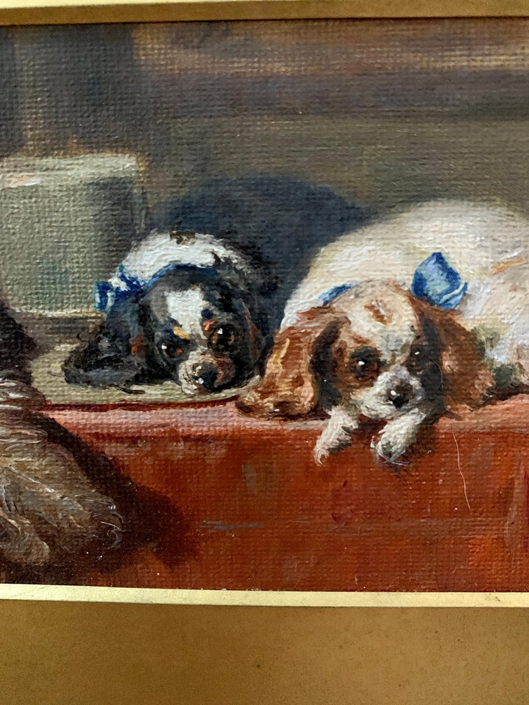 Victorian portrait of two seated Spaniels on a cushion in a maple wood frame For Sale 1