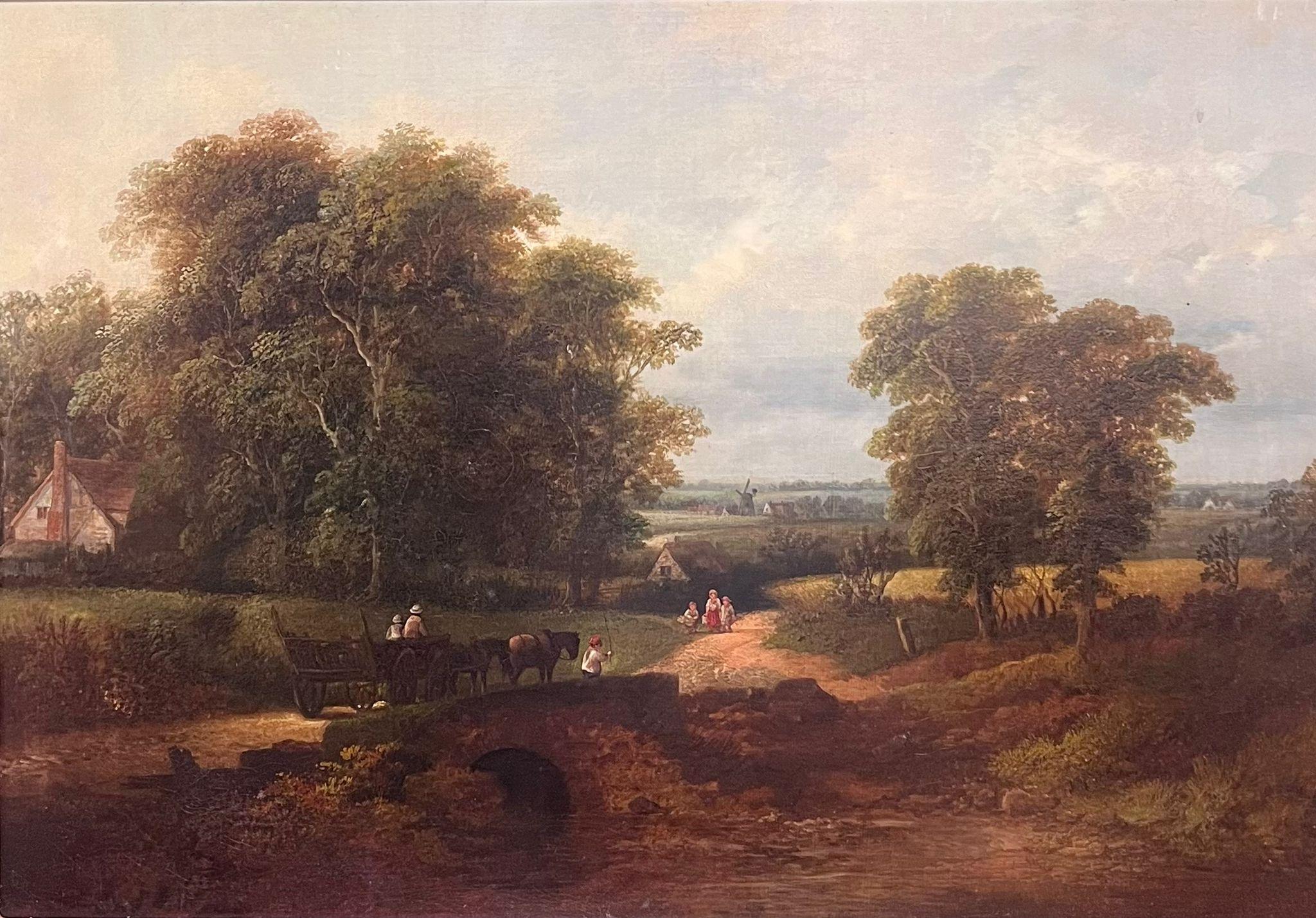Fine Mid 19th Century English Rural Oil Painting Figures & Horses Country Lane - Brown Landscape Painting by Edwin L.Meadows