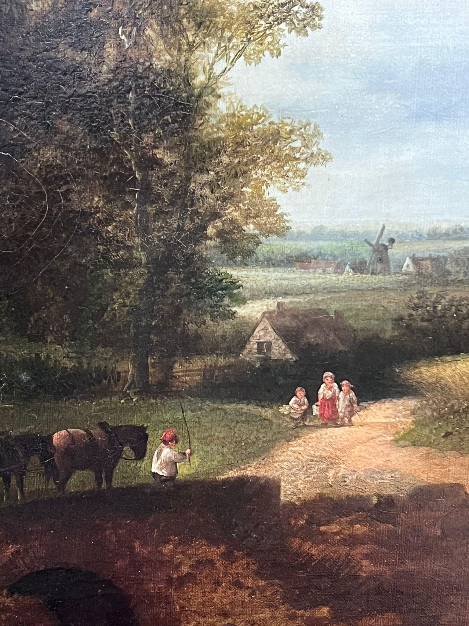 Fine Mid 19th Century English Rural Oil Painting Figures & Horses Country Lane 1