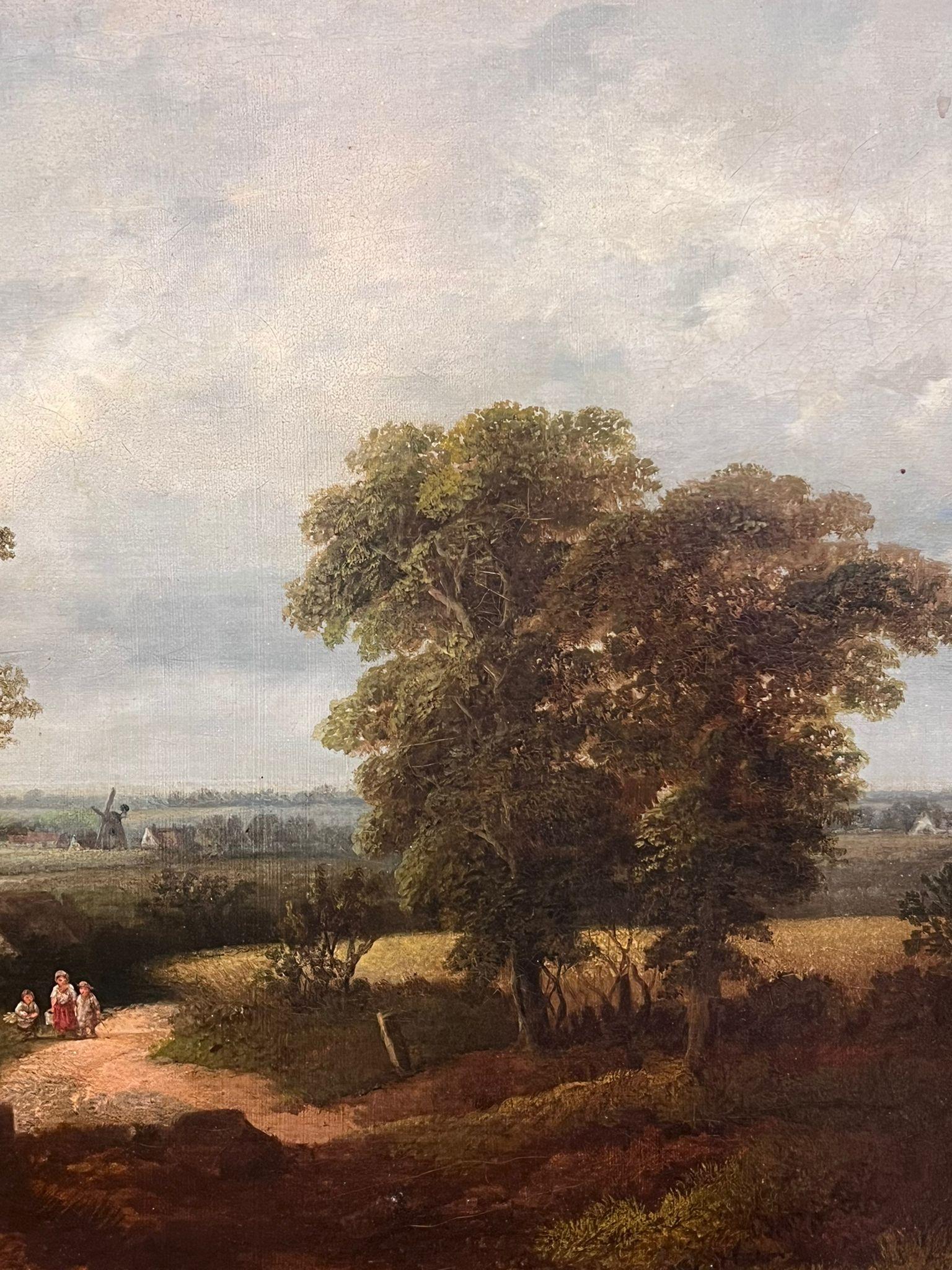 Fine Mid 19th Century English Rural Oil Painting Figures & Horses Country Lane 5