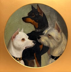 Fine Antique British Dog Painting Manchester Terrier & Two White Terrier Dogs