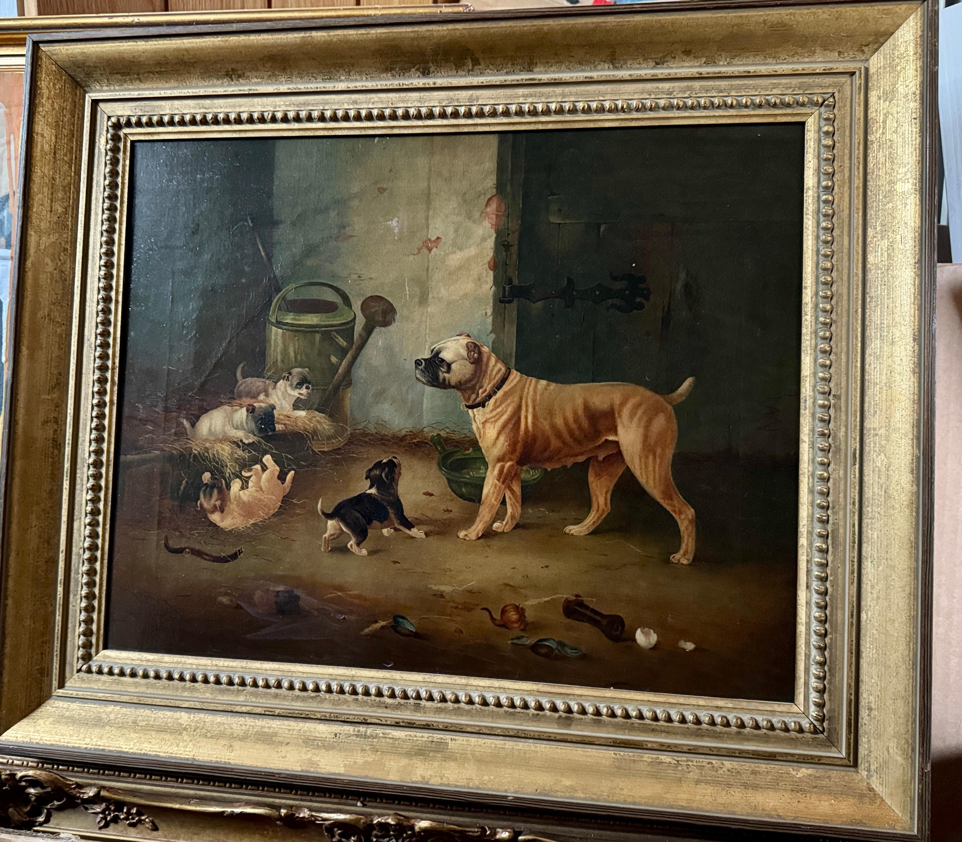 XIX secolo Ritratto di una mamma bulldog con cuccioli in un interno di un fienile che giocano in vendita 5