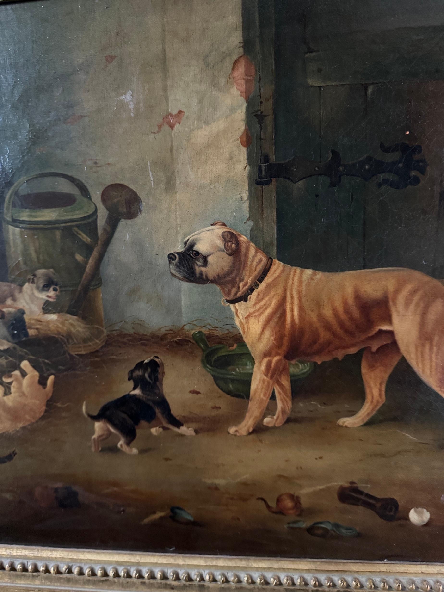 XIX secolo Ritratto di una mamma bulldog con cuccioli in un interno di un fienile che giocano - Painting di Edwin Loder