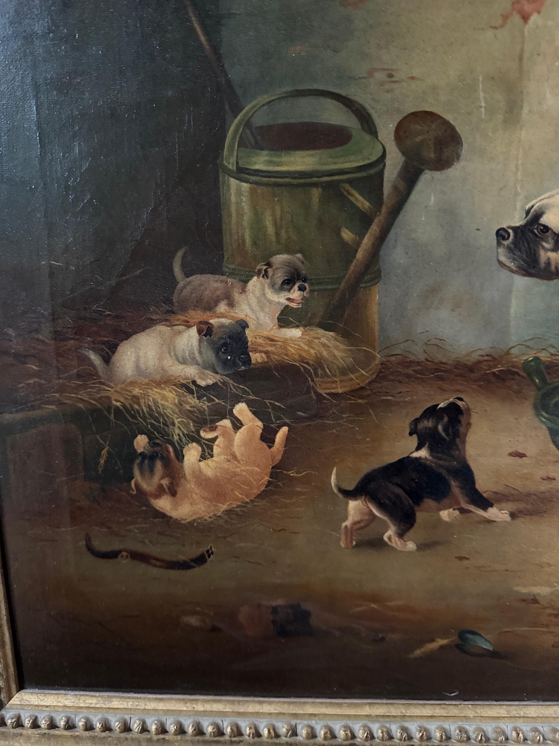 XIX secolo Ritratto di una mamma bulldog con cuccioli in un interno di un fienile che giocano - Painting Vittoriano di Edwin Loder
