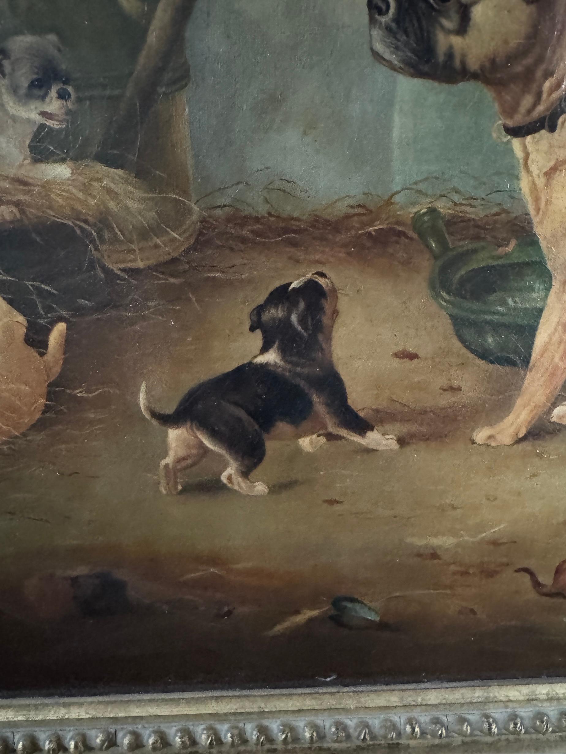Attribuito a Edwin Loder (inglese, metà tardo XIX secolo)
Madre cane e cuccioli in una stalla interna
Olio su tela, non firmato
English School, 1880 circa
Presentato in una cornice dorata in stile d'epoca con modanatura interna in perline

Questa