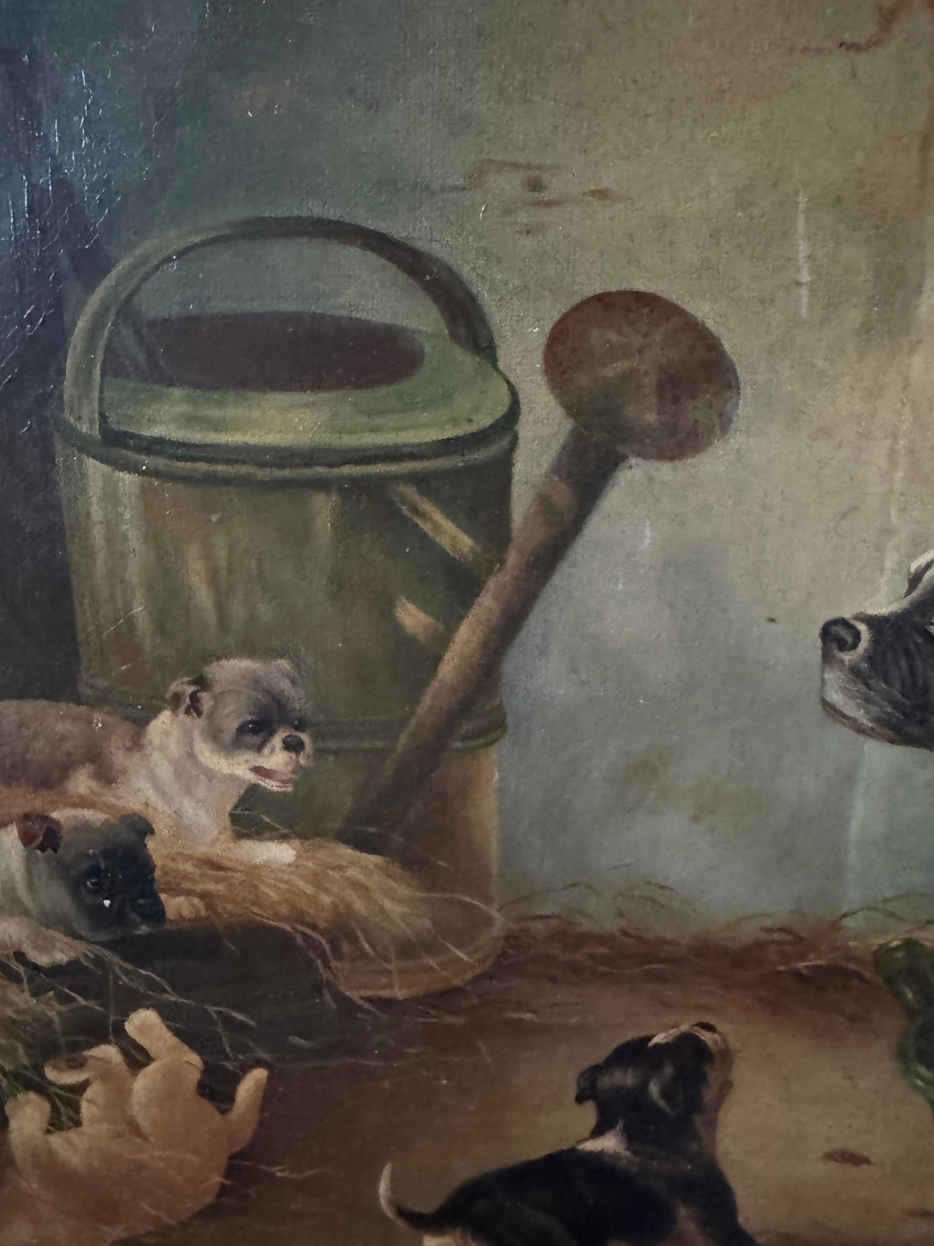 XIX secolo Ritratto di una mamma bulldog con cuccioli in un interno di un fienile che giocano in vendita 1