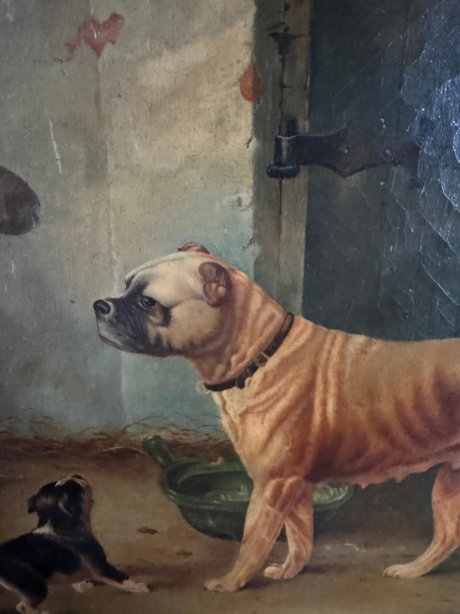 XIX secolo Ritratto di una mamma bulldog con cuccioli in un interno di un fienile che giocano in vendita 3