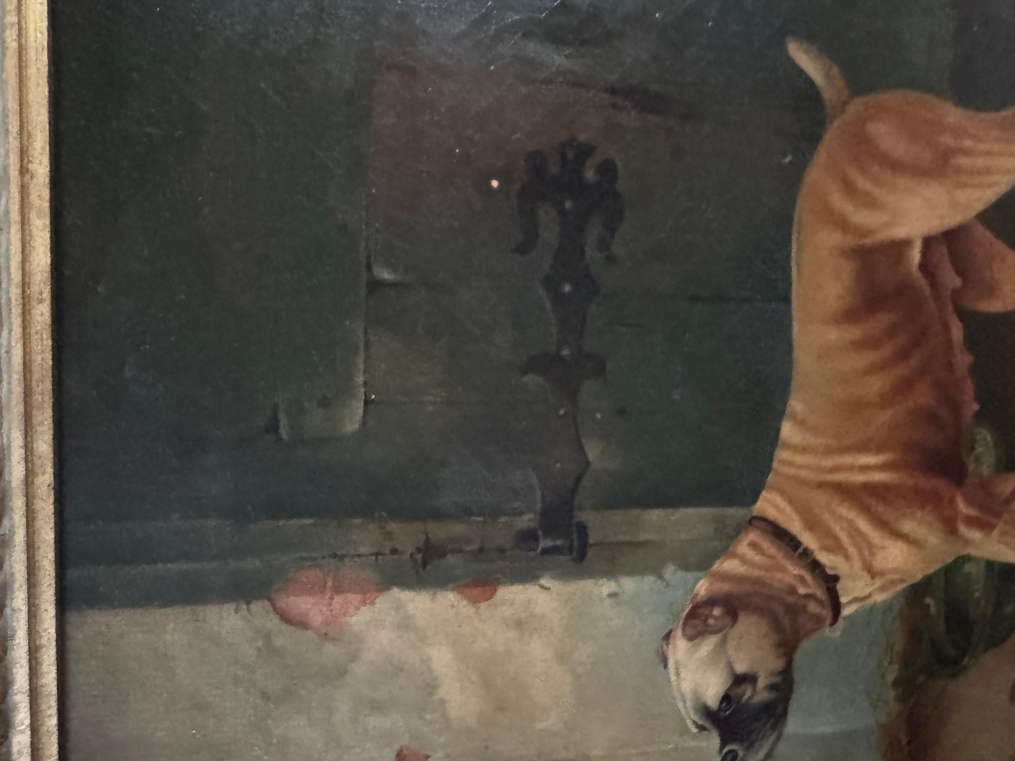 XIX secolo Ritratto di una mamma bulldog con cuccioli in un interno di un fienile che giocano in vendita 4